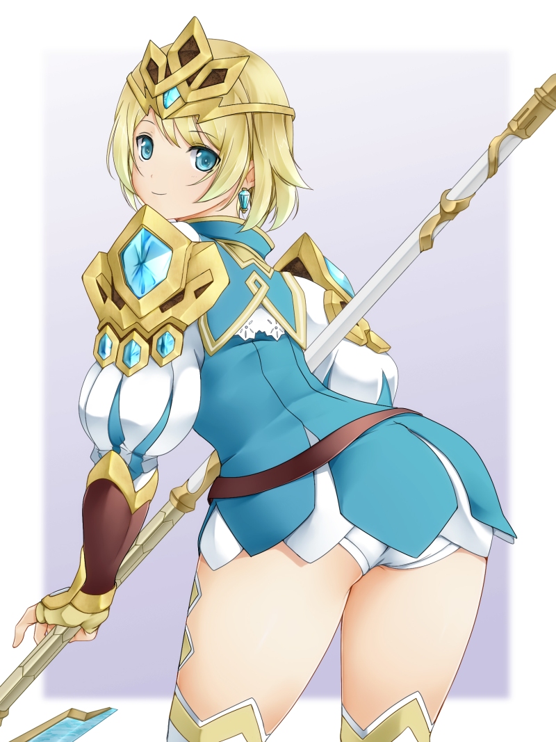 armor ashita_yaru ass blonde_hair blue_dress blue_eyes boots circlet cowboy_shot dress earrings female fingerless_gloves fire_emblem fire_emblem_heroes fjorm_(fire_emblem) from_behind gauntlets gloves jewelry looking_at_viewer looking_back nintendo panties pantyshot pantyshot_(standing) polearm puffy_sleeves short_dress short_hair shoulder_armor simple_background smile solo spear thigh_boots thighhighs underwear upskirt weapon white_legwear white_panties