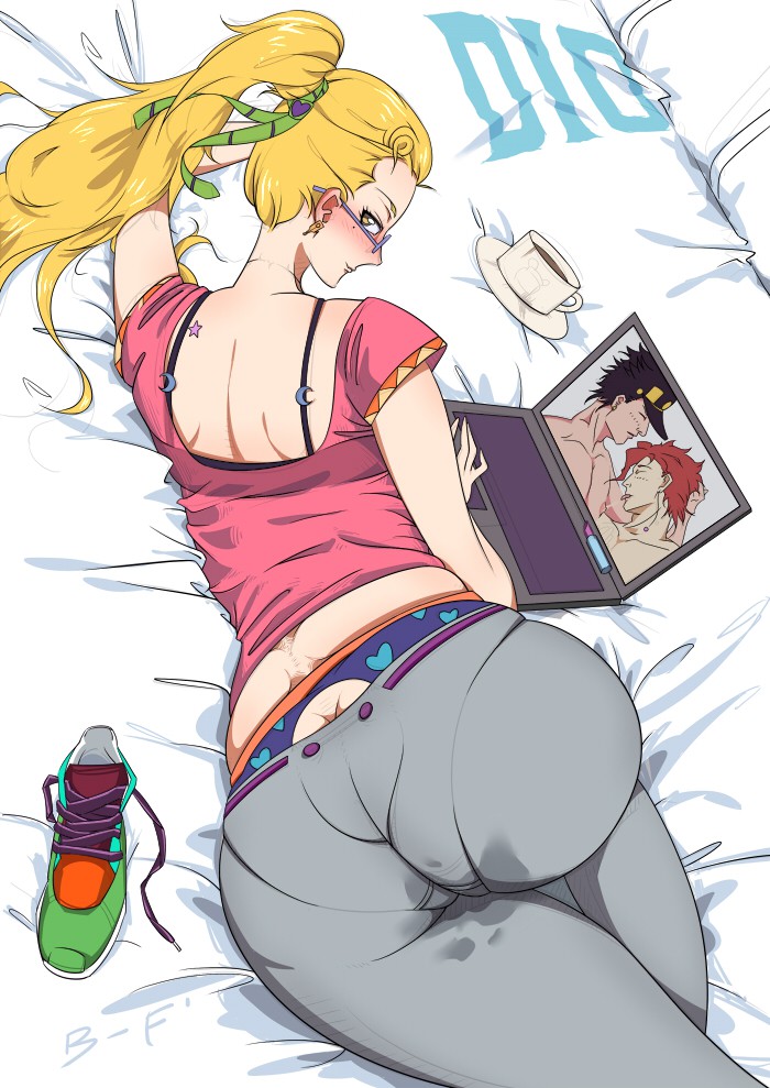 1girls 2016 2boys artist_name ass ass_cleavage ass_cutout ass_window back backless_panties bare_arms birthmark black_bra black_hair blonde_hair blush bra bra_strap butt_crack butt_window cap closed_eyes computer ding_(andding34429) dio_brando earrings female female_dio fujoshi genderswap_(mtf) glasses hat head_grab heart heart_print highres hole_in_panties huge_ass joestar_birthmark jojo's_bizarre_adventure jotaro_kujo laptop lipstick_tube long_hair looking_at_viewer lying male matching_hair/eyes mole mole_under_eye multiple_boys nipples noriaki_kakyoin nude open_mouth panties pantylines pillow ponytail pussy_juice red_hair rule_63 saliva scar shoes skin_tight soaked_clothes solo star stardust_crusaders tea tea_cup text thick_thighs thighs tied_hair tongue tongue_out villainess wet wet_clothes wet_pussy wide_hips yaoi yellow_eyes