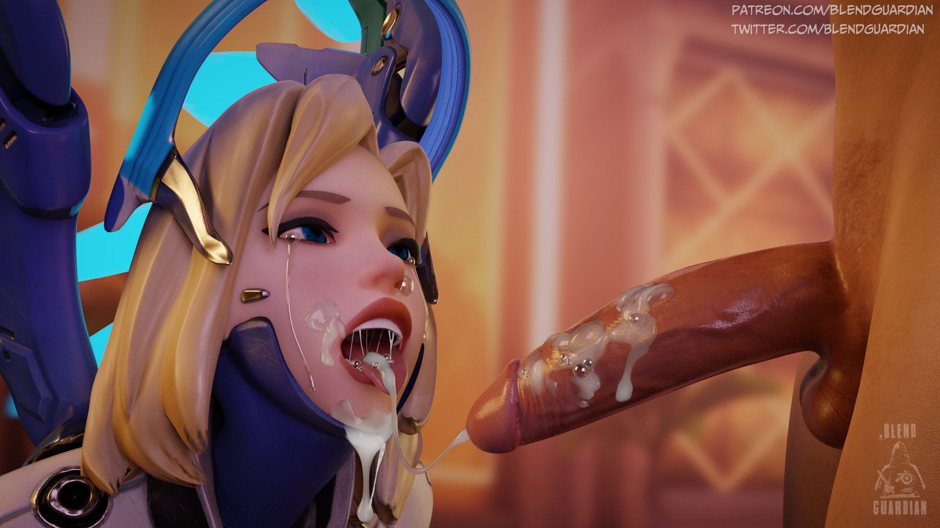 3d, blendguardian, blonde hair, blue eyes, clothed female nude male, crying, cum, cum in mouth, cum on penis, female, male, mercy, open mouth, overwatch, penis, tears, tongue, tongue out