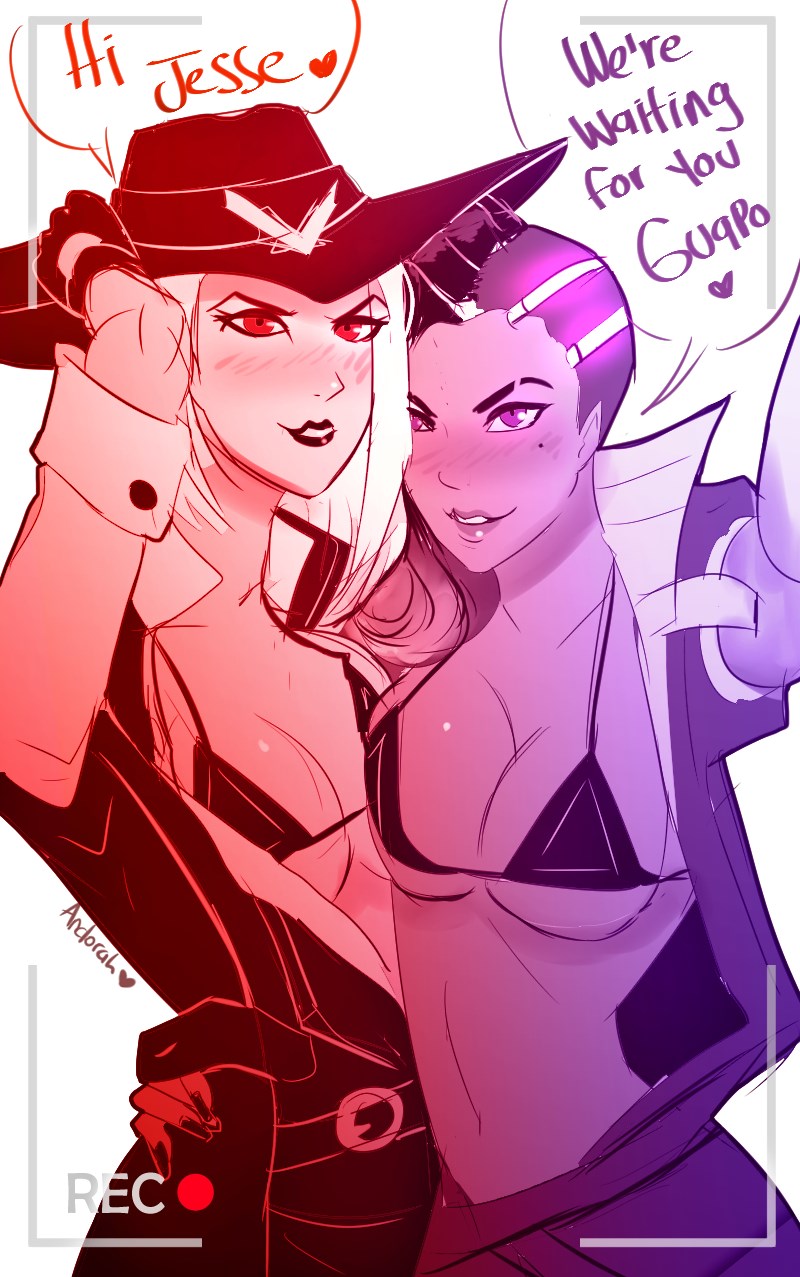 2d, 2girls, andorahleon, ashe (overwatch), bikini, blizzard entertainment, bra, breasts, cowgirl, english text, female, female only, latina, mentioned character, multiple females, multiple girls, overwatch, recording, selfie, sombra, stripping, text, video games