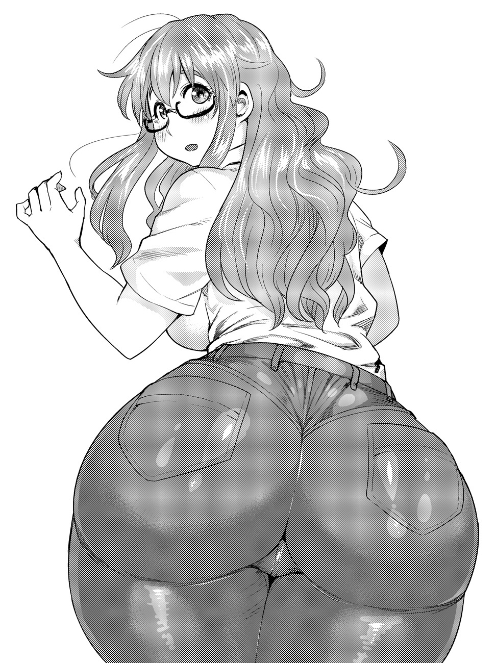 1girls, ass, ass focus, backboob, belt, bent over, big ass, big breasts, black-framed eyewear, blush, breasts, cowboy shot, curvy, denim, embarrassed, eyebrows, female, female focus, female only, from behind, gigantic ass, glasses, greyscale, highres, hip focus, huge ass, impossible clothes, jeans, large breasts, long hair, looking at viewer, looking back, messy hair, monochrome, narrow waist, open mouth, original, pants, plump, simple background, skin tight, solo, synecdoche, text focus, thick eyebrows, thick thighs, thighs, tight, tight jeans, tight pants, translated, twisted neck, white background, wide hips