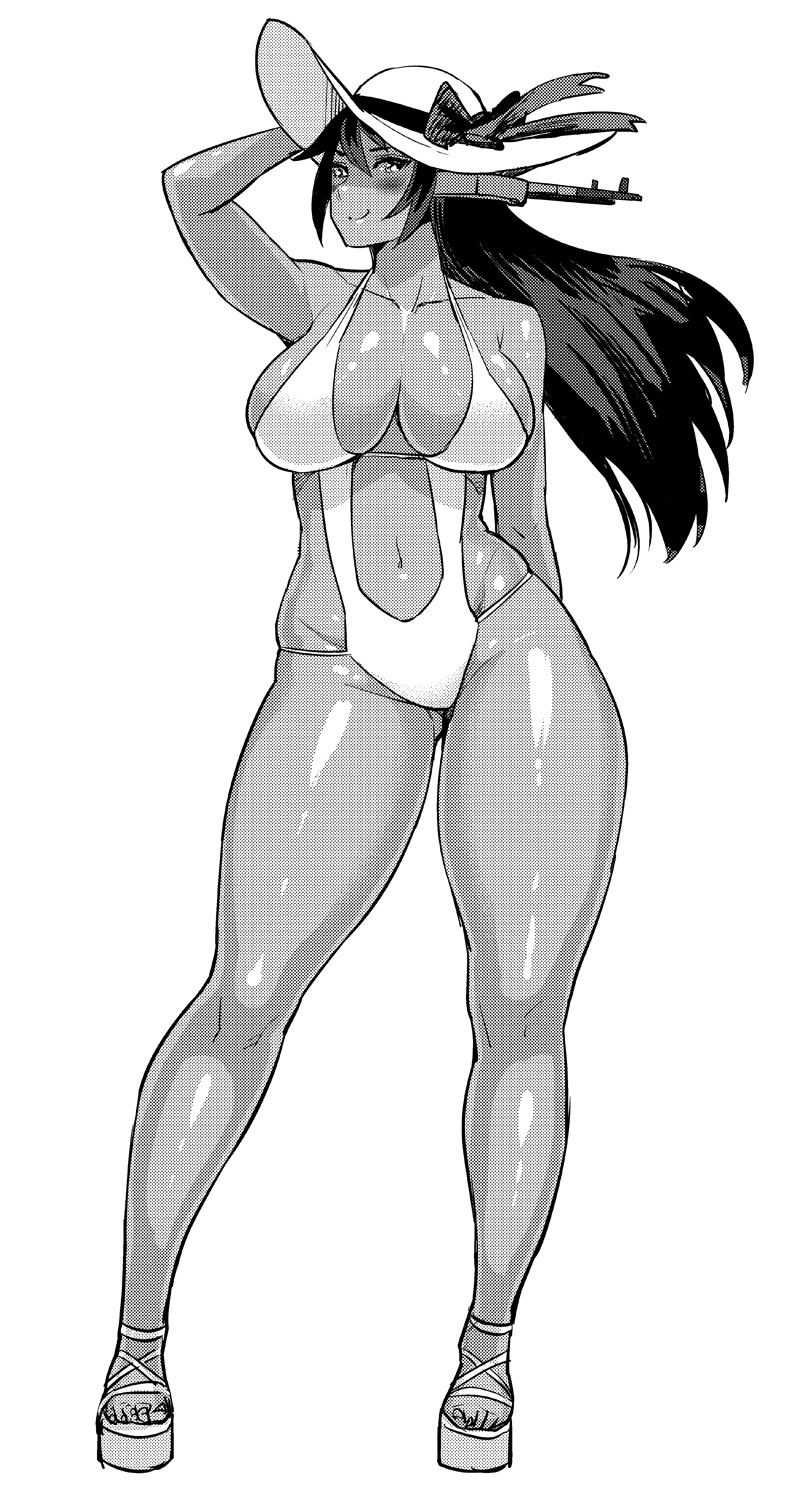 1girls, big breasts, blush, breasts, cleavage, curvy, dark skin, female, female only, full body, greyscale, hat, headgear, highres, kantai collection, large breasts, long hair, looking at viewer, monochrome, nagato (kantai collection), navel, sandals, simple background, smile, solo, sun hat, swimsuit, synecdoche, thick thighs, white background