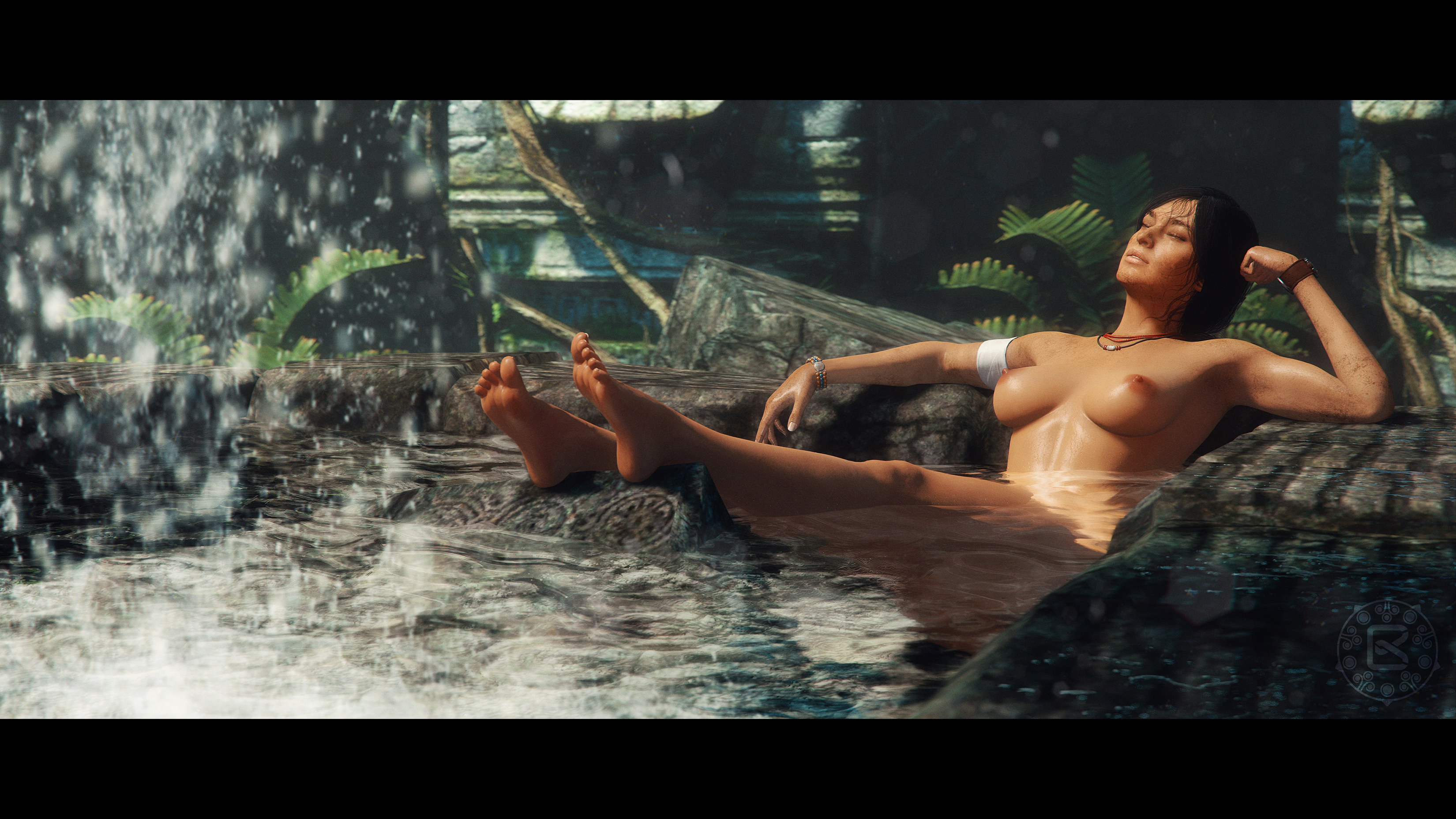 1girls, 3d, areolae, barefoot, black hair, bomyman, breasts, chloe frazer, exposed breasts, exposed nipples, feet, female, female only, foot fetish, nipples, nude, nude female, solo, solo female, source filmmaker, tan-skinned female, toes, uncharted