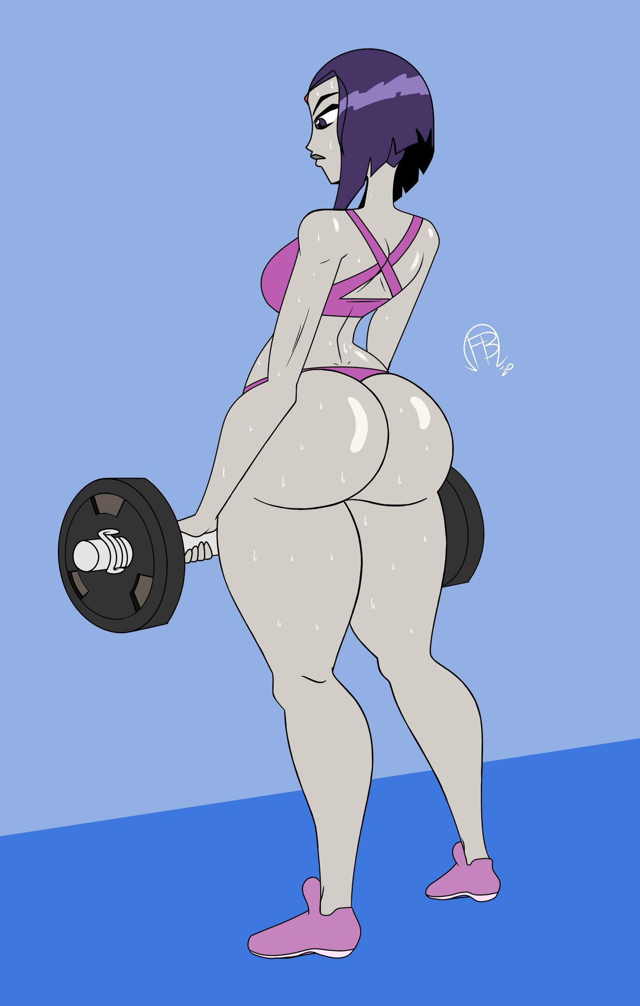 1girls, 2020, ass, big ass, cartoon network, dc, dc comics, edit, female, female only, forehead jewel, frostbiteboi, goth, gym, haretasoraxi, purple eyes, purple hair, rachel roth, raven (dc), solo, sweating, teen titans, thong, toonami