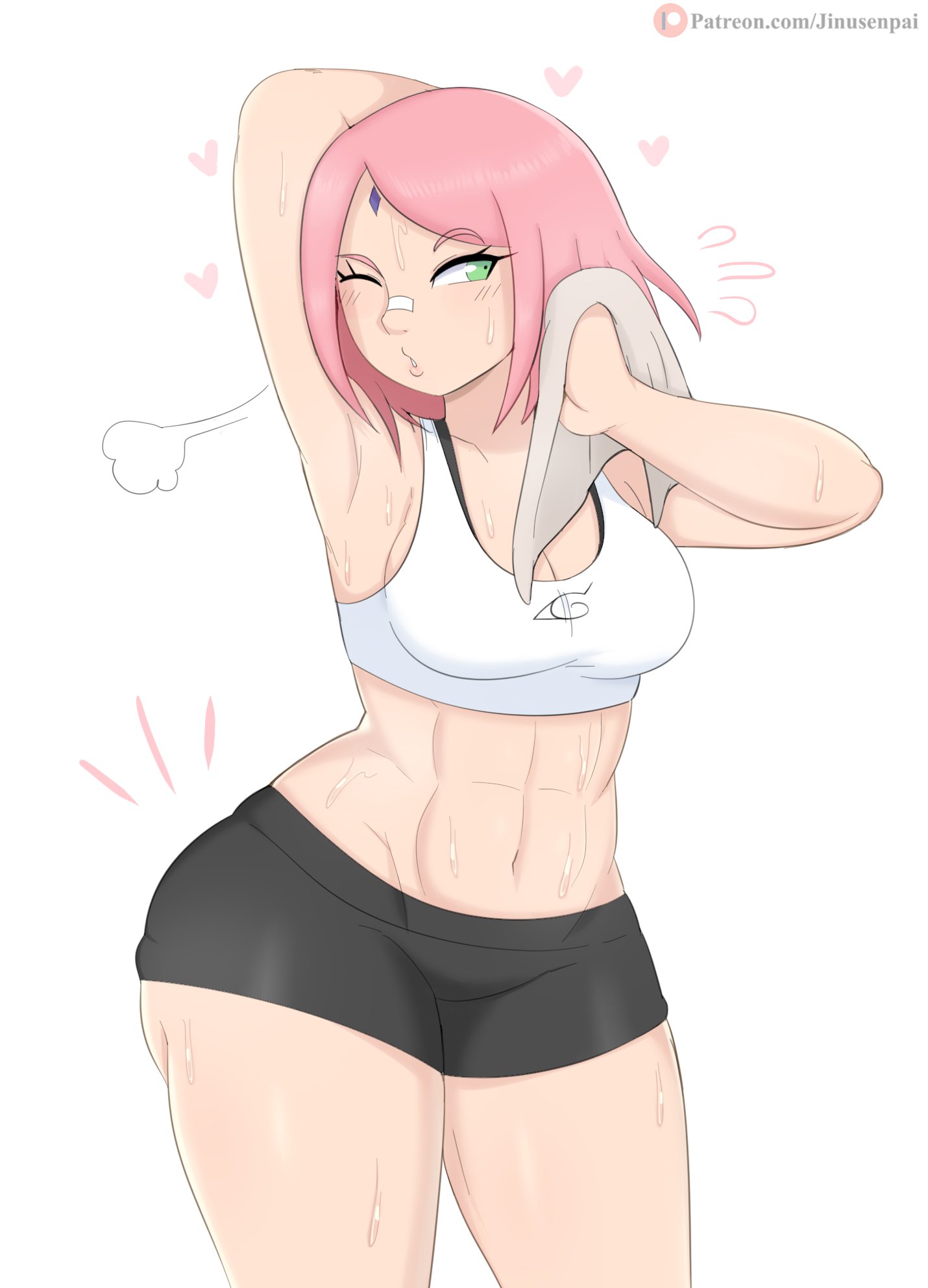 1girls, abs, big breasts, breasts, cleavage, female, female only, jinu, large breasts, muscles, muscular, muscular female, naruto, naruto (series), naruto: the last, naughty face, sakura haruno, seductive, short shorts, shorts, solo, sports bra, sportswear, thick thighs, wet, wide hips, workout