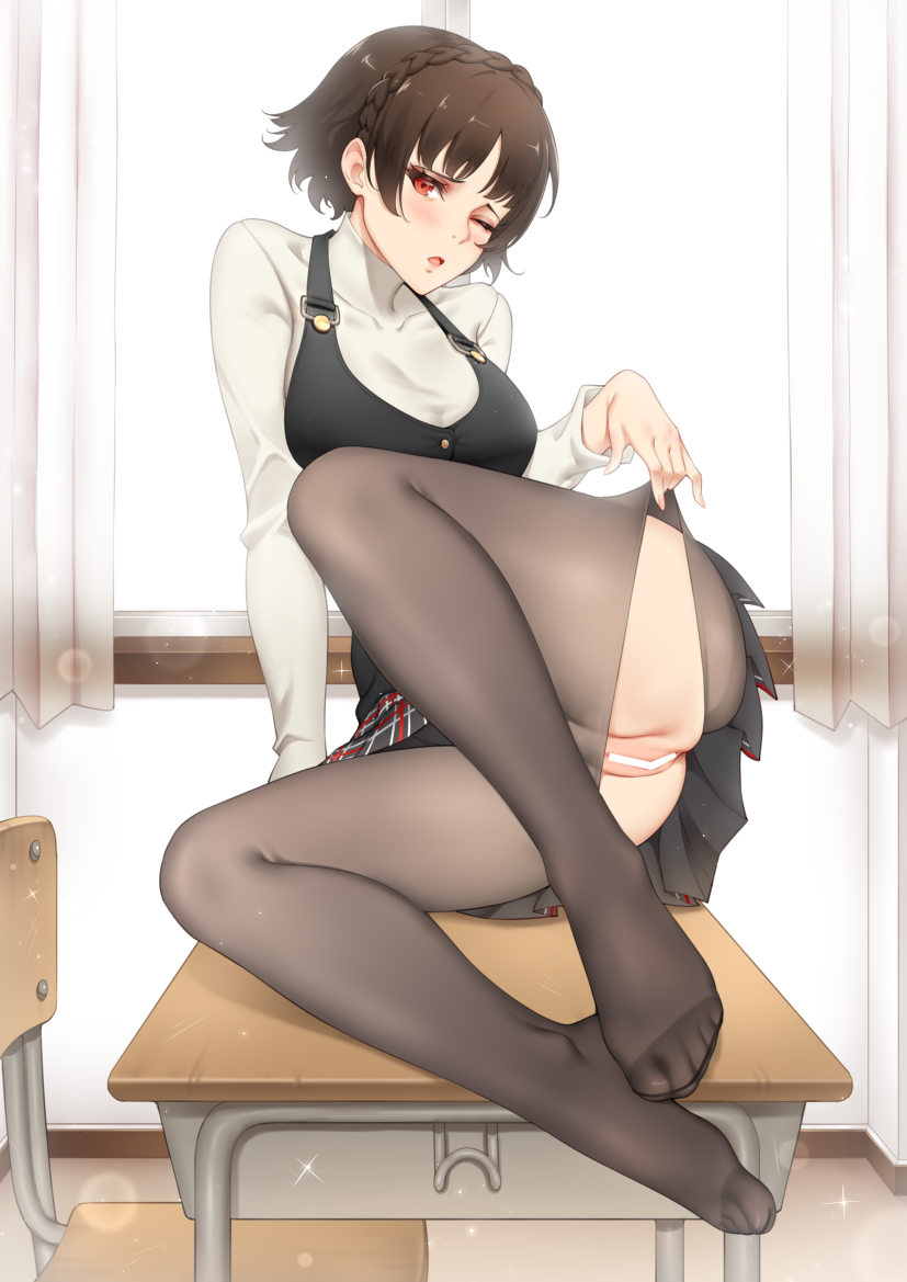 atlus, brown hair, censored, feet, female, has uncensored version, kinhasu, makoto niijima, no shoes, pantyhose, persona, persona 5, red eyes, short hair, shuujin academy uniform