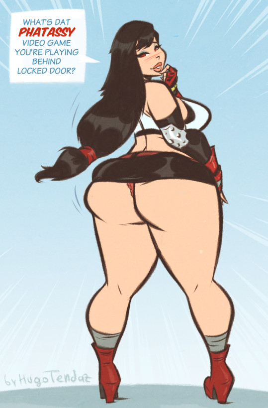 ass, big ass, blush, brown hair, female, final fantasy, final fantasy vii, high heels, hugotendaz, looking back, panties, red eyes, skirt, smile, tifa lockhart