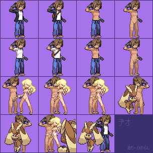 1boy 1girls 1other anthro blonde_hair body_fur brown_fur brown_hair color erection female fluffy_fur furry human interspecies lopunny male nintendo nude penis pixel_art pokemon pokemon_(species) pokemon_dppt pokephilia purple_background shaved_crotch smooth_penis sprite_sheet toony unknown_gender