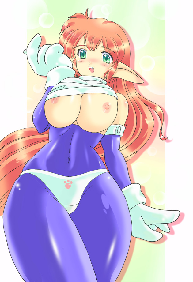 bodysuit breasts galaxy_fight gloves green_eyes huge_breasts long_hair nipples open_clothes pointy_ears red_hair roomi spandex sunsoft