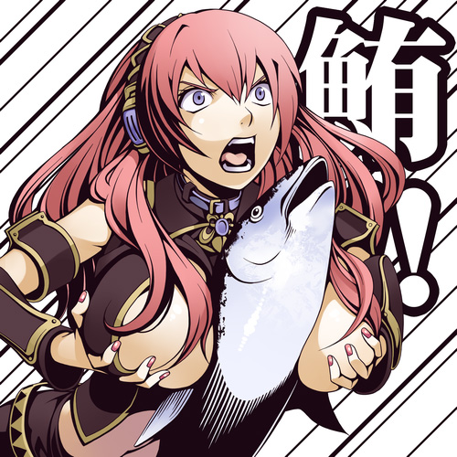 animal_between_breasts background_text between_breasts breast_lift breast_squeeze breasts constricted_pupils fish huge_breasts long_hair lowres megurine_luka nail_polish open_mouth parody penis pink_hair purple_eyes screaming shrunk_pupils solo text torigoe_takumi translated tuna vocaloid what