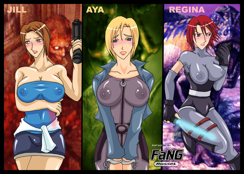 3girls aya_brea blush breasts capcom chains codename-fang cuffs dino_crisis energy erect_nipples female firearm gun handgun heavy_blush huge_areolae human injury jill_valentine jill_valentine_(julia_voth) multiple_girls nipples parasite_eve perky_breasts pointy_chin regina_(dino_crisis) resident_evil resident_evil_3 skin_tight weapon