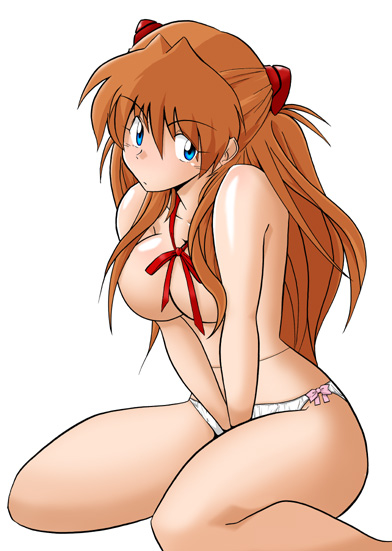 asuka_langley_sohryu censored convenient_censoring hair_over_breasts hetano_yokoduki large_breasts neon_genesis_evangelion nude panties red_hair topless underwear underwear_only