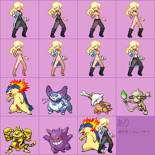 16-bit allie_(pokemon_ecchi) electabuzz gengar hinoarashi marowak pixel_art pokemon pokemon_(species) pokemon_ecchi purple_background purugly smeargle sprite_sheet straight_hair typhlosion