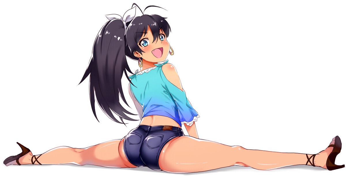 antenna hair, ass, black hair, blue eyes, blush, cute fang, denim, denim shorts, earrings, female, ganaha hibiki, hair ribbon, high heels, idolmaster, jewelry, long hair, ponytail, ribbon, short shorts, shorts, smile, solo, splits, tied hair, yokkora