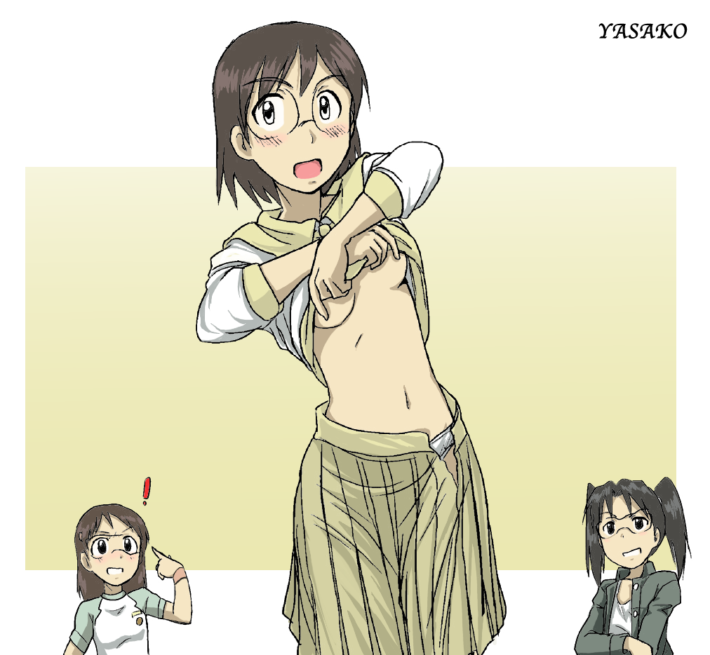 brown_hair dennou_coil fumie_hashimoto glasses hashimoto_fumie isako kakki kakki_(pixiv4742) kakkii oekaki okonogi_yuuko panties pointy_chin short_hair skirt underwear undressing white_panties yasako yuko_amasawa yuko_okonogi