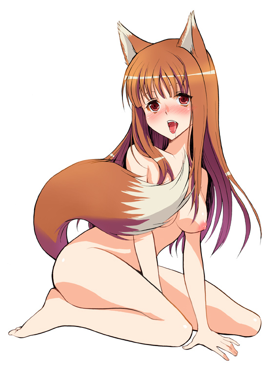 1girls barefoot blush breasts brown_hair female holo joe_sage kneeling long_hair medium_breasts nude pointy_chin red_eyes sage_joh saliva solo spice_and_wolf tail wariza wolf_ears wolf_tail