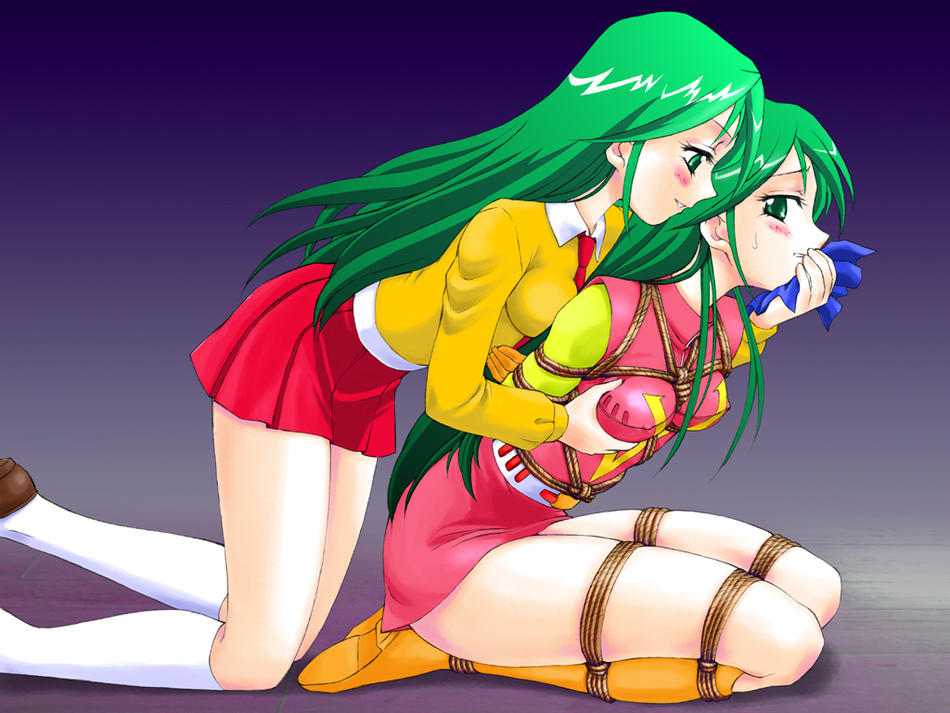 blush bondage breast_grab breasts clone combattler_v female footwear green_eyes green_hair grope groping kneehighs kneeling long_hair multiple_girls nanbara_chizuru necktie nonude rope school_uniform short_dress skirt socks spark_utamaro sweatdrop twins yuri