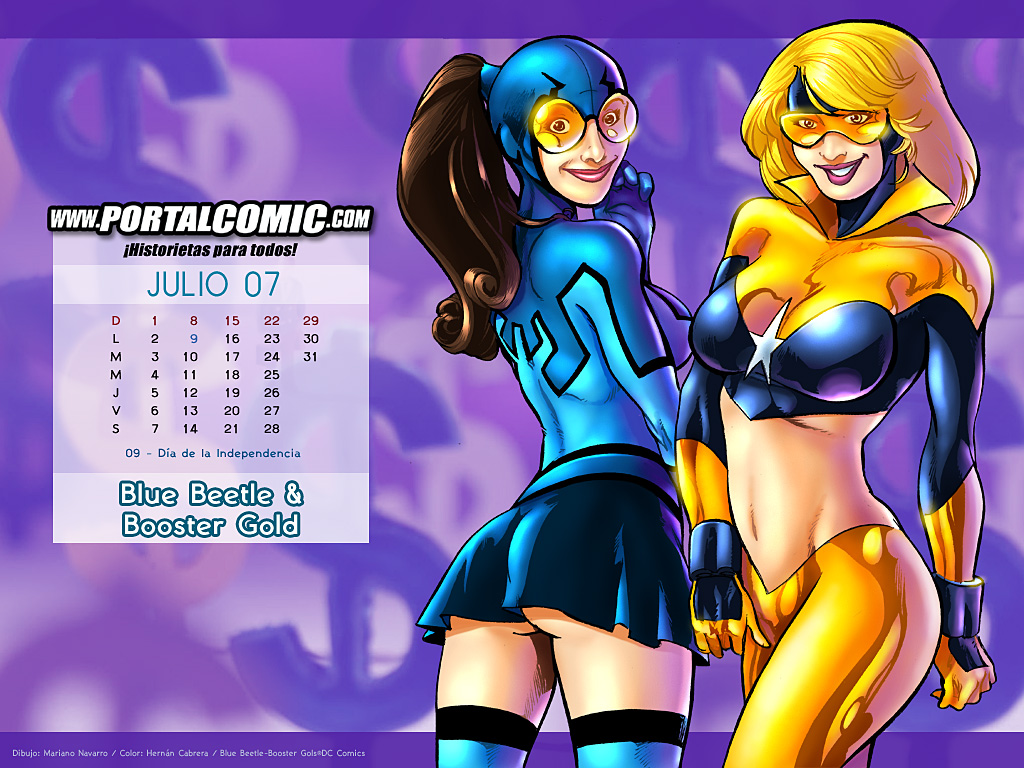 2girls ass blonde_hair blue_beetle booster_gold brown_hair calendar_(medium) dc female female_only gold_clothing justice_league_international long_hair mariano_navarro michael_carter miniskirt navel ponytail rule_63 skirt smile ted_kord upskirt