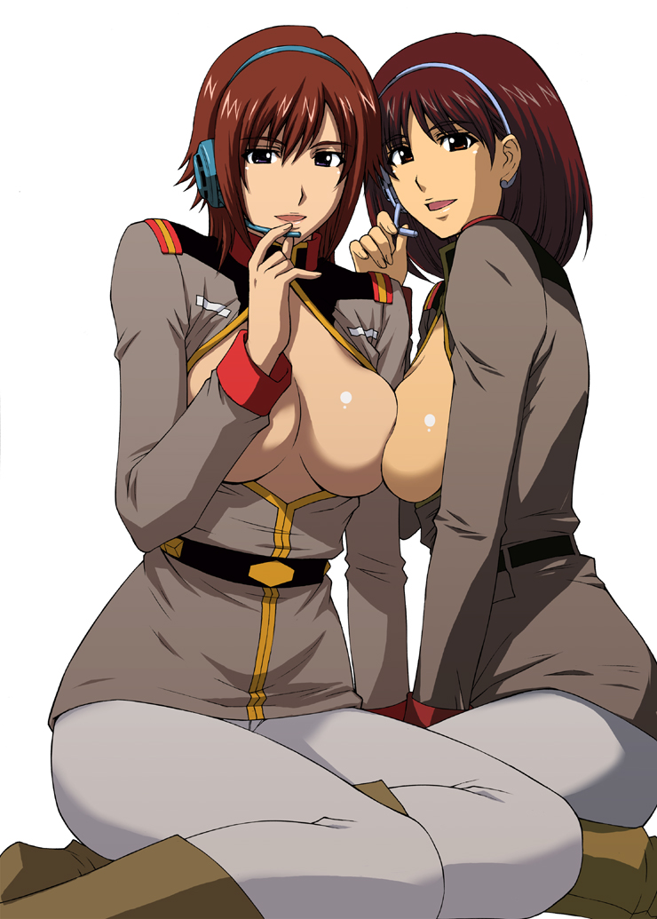 2008 2girls breast_press breasts brown_hair curvaceous duo earth_federation female gundam gundam_lost_war_chronicles gundam_side_story:_from_place_beyond_the_blaze headset human kitahara_aki large_breasts light-skinned_female light_skin military military_uniform miyu_takisawa multiple_girls noel_anderson open_clothes open_shirt pantyhose pointy_chin shirt short_hair sitting symmetrical_docking uniform wariza white_legwear wide_hips