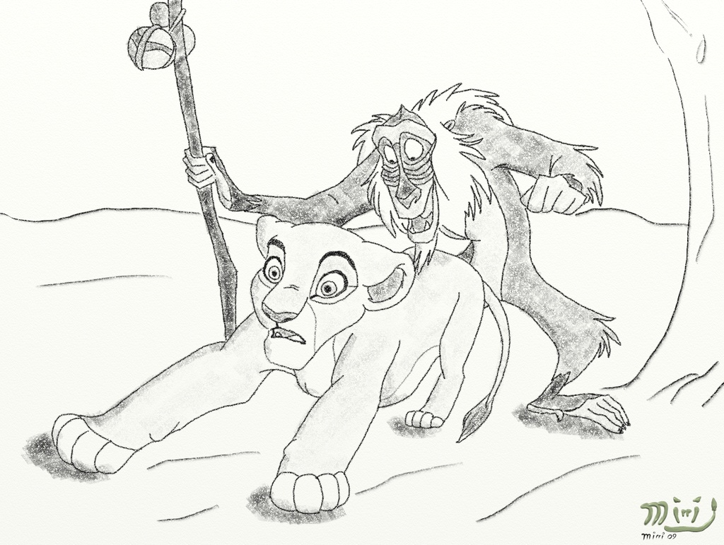 2009 baboon disney feline female female_feral feral fur furry furry_only greyscale kiara lion male mammal monochrome rafiki straight tagme the_lion_king