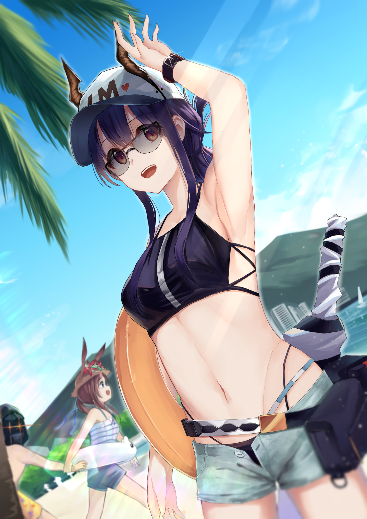 :d, 1boy, 2girls, alternate costume, amiya (arknights), animal ears, arknights, arm up, armpits, bangs, bare arms, bare shoulders, baseball cap, beach, belt, bikini, black bikini, blue sky, breasts, brown eyes, brown headwear, bunny ears, chen (arknights), commentary, cowboy shot, day, doctor (arknights), dragon horns, dutch angle, ears through headwear, english commentary, female, female tourist c (arknights), from side, glint, grey shorts, groin, hat, heart, highleg, highleg bikini, highres, horns, horns through headwear, innertube, lens flare, light rays, long hair, looking at viewer, male, medium breasts, multiple females, multiple girls, navel, open fly, open mouth, pouch, profile, purple hair, short shorts, shorts, sidelocks, sky, smile, standing, stomach, sun hat, sunglasses, swimsuit, tinted eyewear, wrist cuffs, yattsu