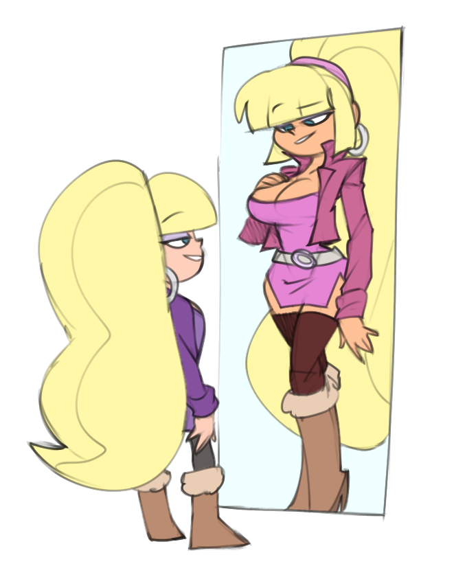 1girls, aged up, big breasts, bigdad, blonde hair, blue eyes, boots, breasts, cleavage, disney, disney channel, disney xd, earring, edit, female, female only, gravity falls, mirror, pacifica northwest, solo, straight hair, waist belt