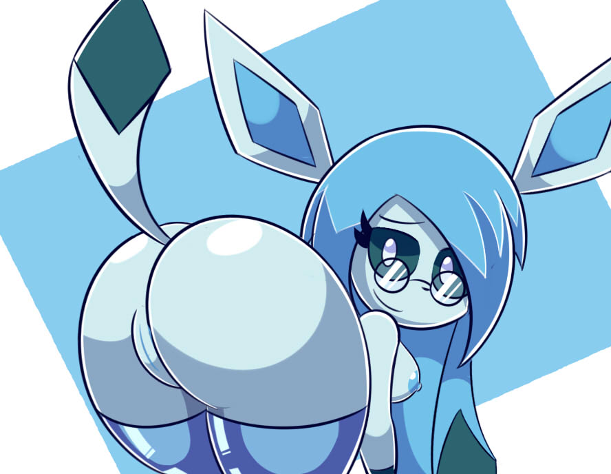 1girls, anthro, anthrofied, ass, bent over, big ass, big ears, blue eyes, blue fur, blue hair, blue sclera, bottom heavy, breasts, canine, eye contact, female, furry, glaceon, glasses, hair over one eye, half-closed eyes, huge ass, large ass, long ears, long hair, looking at viewer, looking back, mammal, mintyspirit, nintendo, nipples, nude, original character, pokemon, pokemon (species), pokemon dppt, pose, pussy, smile, source request, thick thighs, thighhighs, wide hips