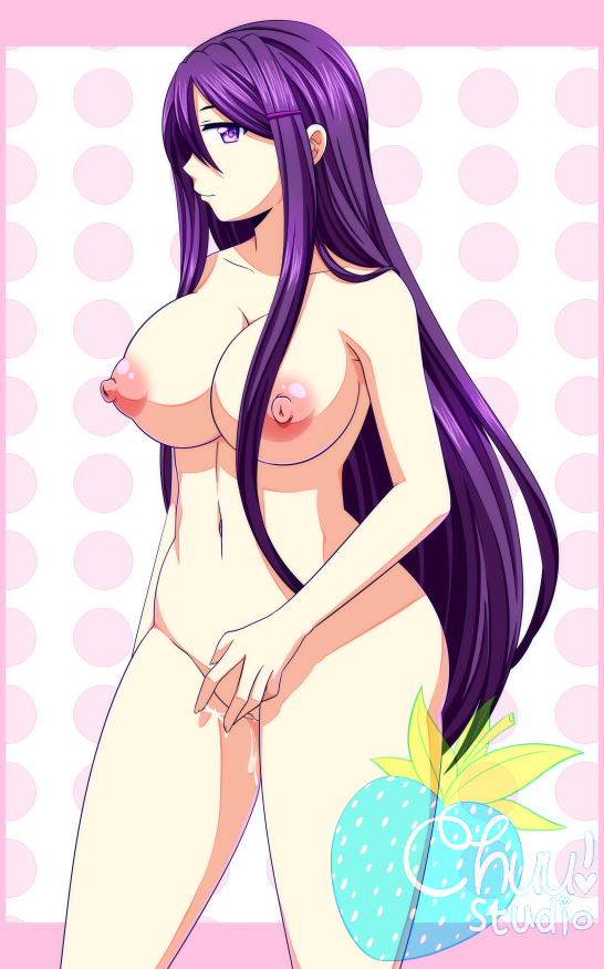 1girls, abstract background, big breasts, breasts, completely nude, doki doki literature club, female, female focus, female only, long hair, looking at viewer, masturbation, naked, nipples, nude, nude female, purple eyes, purple hair, pussy, pussy juice, solo, solo female, solo focus, watermark, wet pussy, xenokurisu, yuri (doki doki literature club)