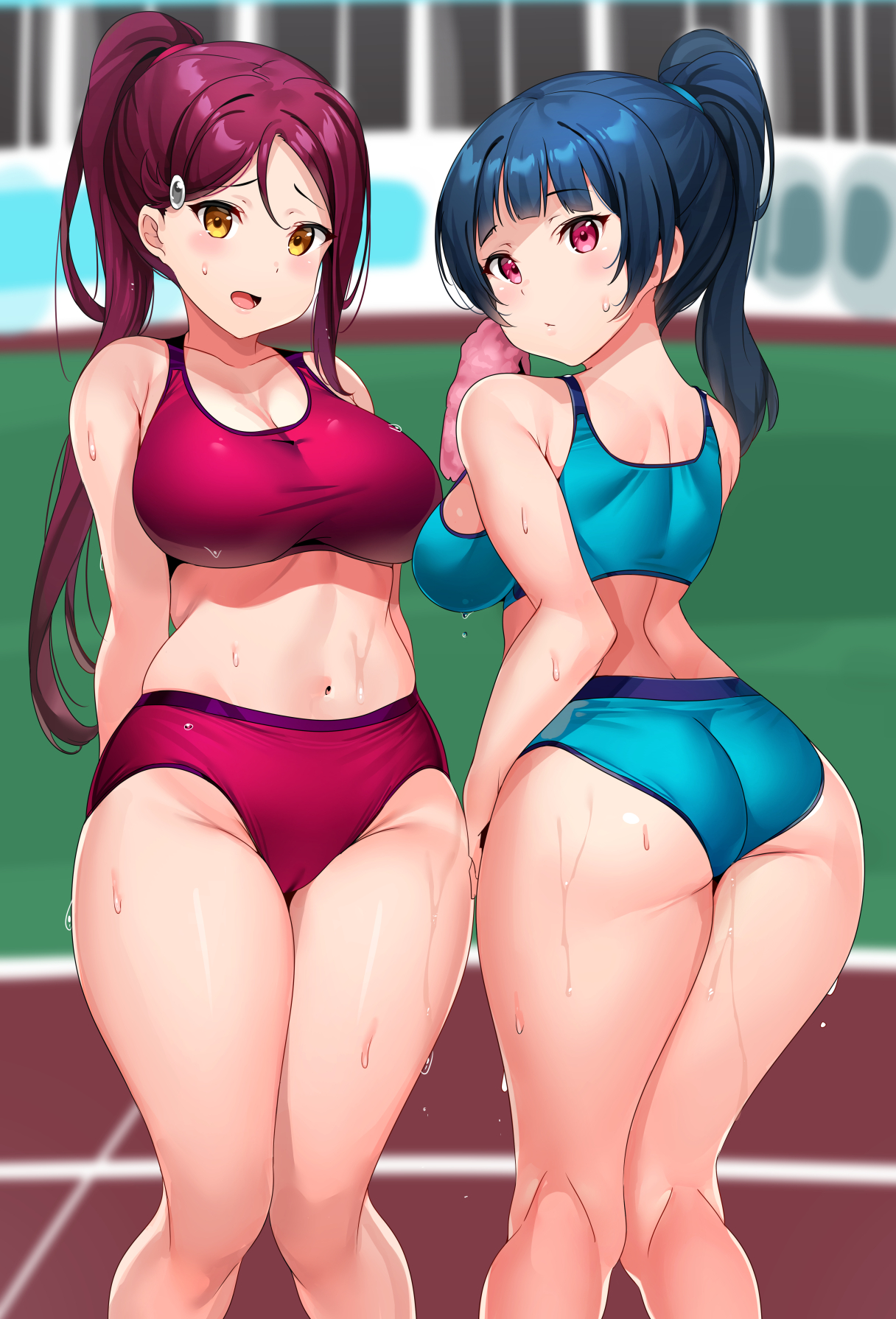 2girls, ass, blue hair, blush, breasts, female, looking at viewer, love, love live!, love live! sunshine!!, midriff, ponytail, red eyes, red hair, sakurauchi riko, sports bra, sportswear, sweat, tem10, thick thighs, thighs, tsushima yoshiko, wet, yellow eyes