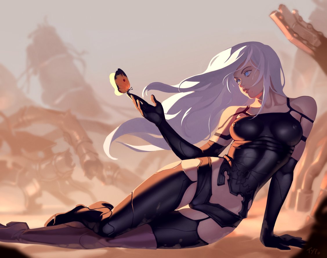 1girls, areolae, big breasts, breasts, cleavage, erect nipples, female, female only, large breasts, nier, nier: automata, nipples, optionaltypo, solo, yorha a2