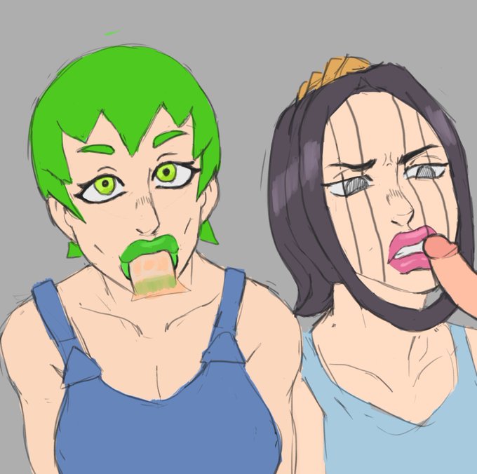 2girls angry blowjob breasts emotionless empty_eyes expressionless fellatio female foo_fighters forced forced_oral green_eyes green_hair human jojo's_bizarre_adventure jumbogumbo light-skinned_female light_skin miraschon penis rough_sketch short_hair shounen_jump stone_ocean