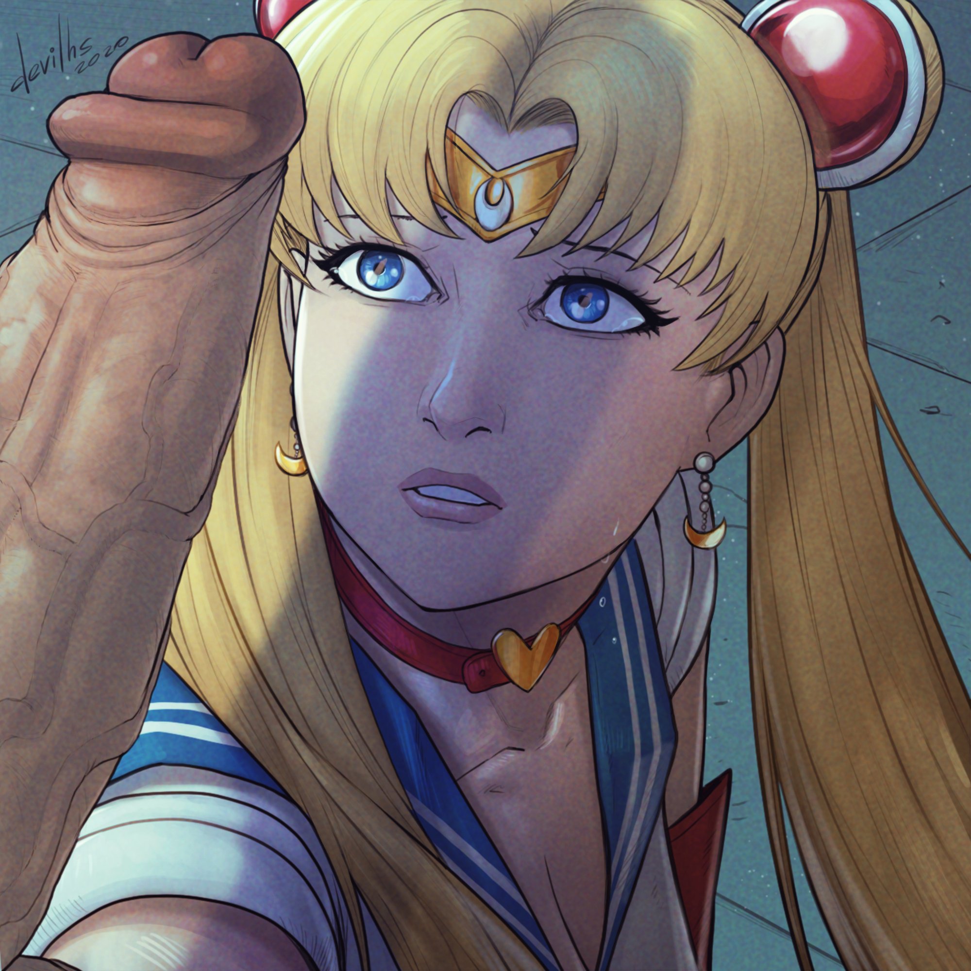 1boy, 1girls, big penis, bishoujo senshi sailor moon, blonde hair, blue eyes, clothing, devil hs, female, hyper, hyper penis, imminent fellatio, imminent oral, imminent sex, long hair, looking at viewer, male, meme, open mouth, penis, penis shadow, penis silhouette, sailor moon, sailor moon redraw challenge, sailor senshi uniform, uncensored, usagi tsukino