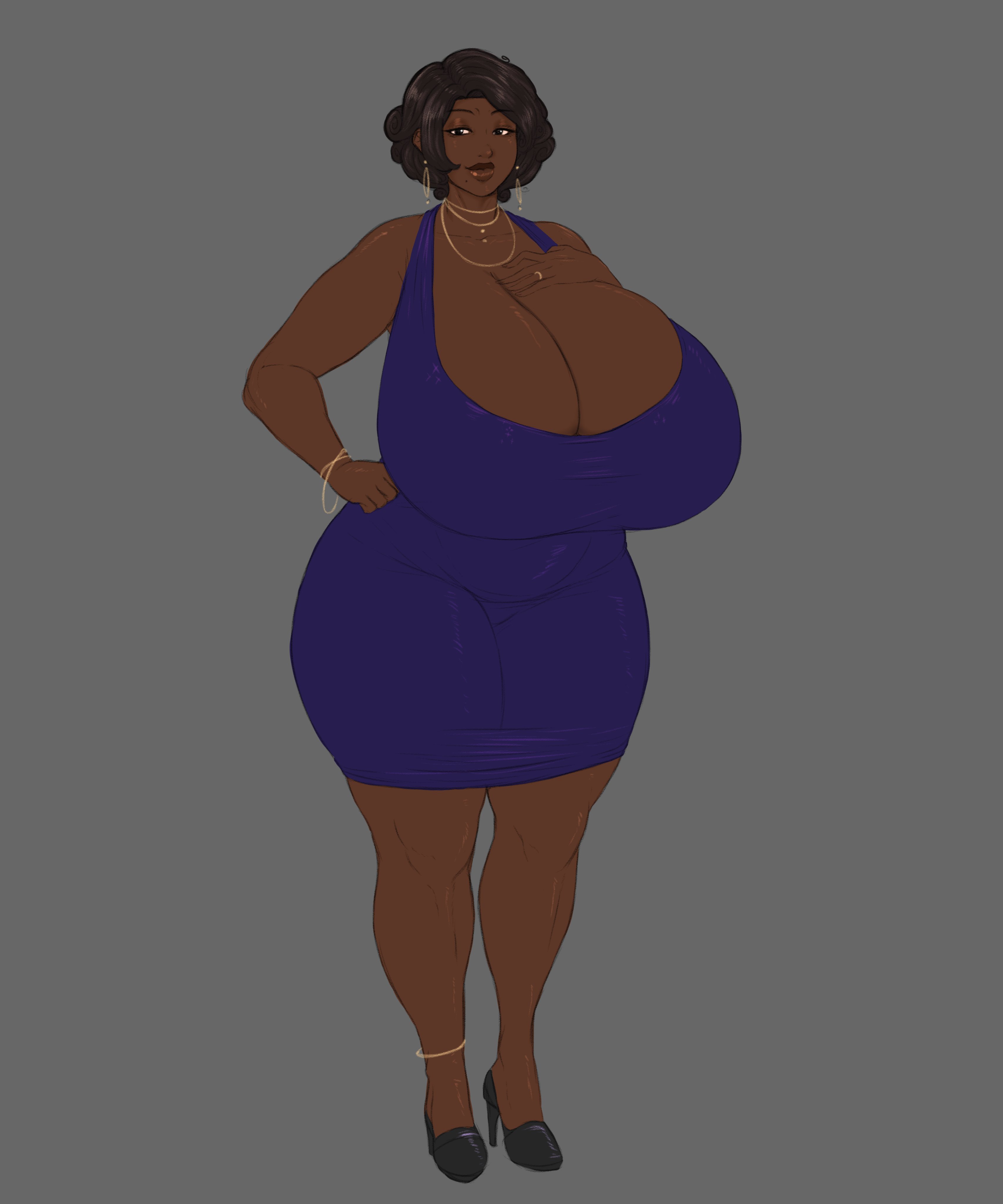 1girls, blue dress, breast suppress, breasts, classy, cleavage, dark skin, dark-skinned female, dress, female, female only, franktonius, front view, full body, grey background, hand on hip, hand on own chest, heels, huge breasts, hyper breasts, long cleavage, looking at viewer, mature, mature female, milf, solo, thick thighs, wide hips