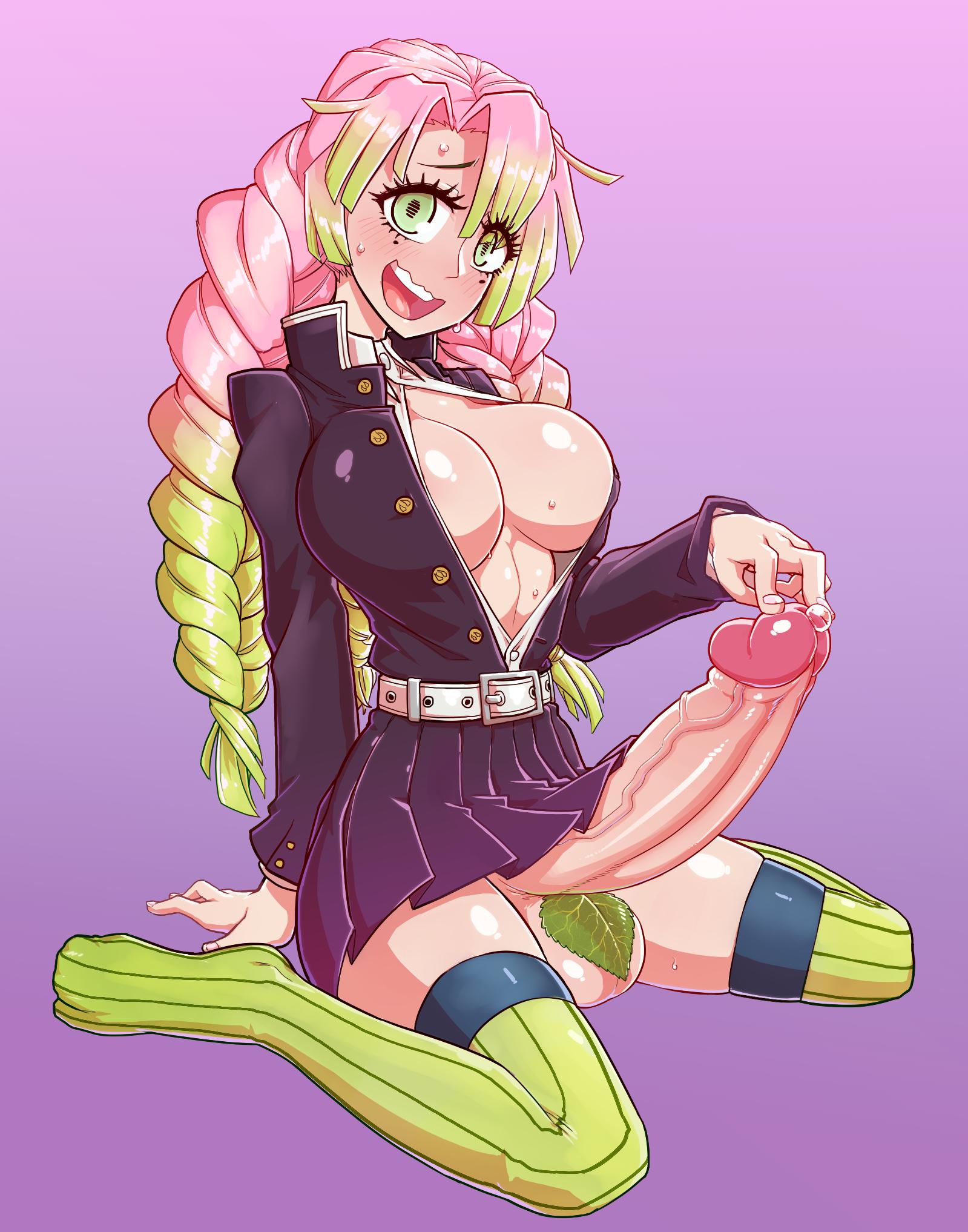 1futa, balls, big breasts, big penis, blush, braided hair, breasts, cleavage, clothed, clothing, demon slayer, dickgirl, futa only, futanari, green eyes, green hair, intersex, kanroji mitsuri, kimetsu no yaiba, light skin, light-skinned futa, long hair, looking at viewer, mostly clothed, no bra, no panties, open shirt, pale skin, penis, pink hair, precum, sitting, skirt, solo, sweat, testicles, thetenk, thighhighs, two-tone hair, veiny penis, wariza