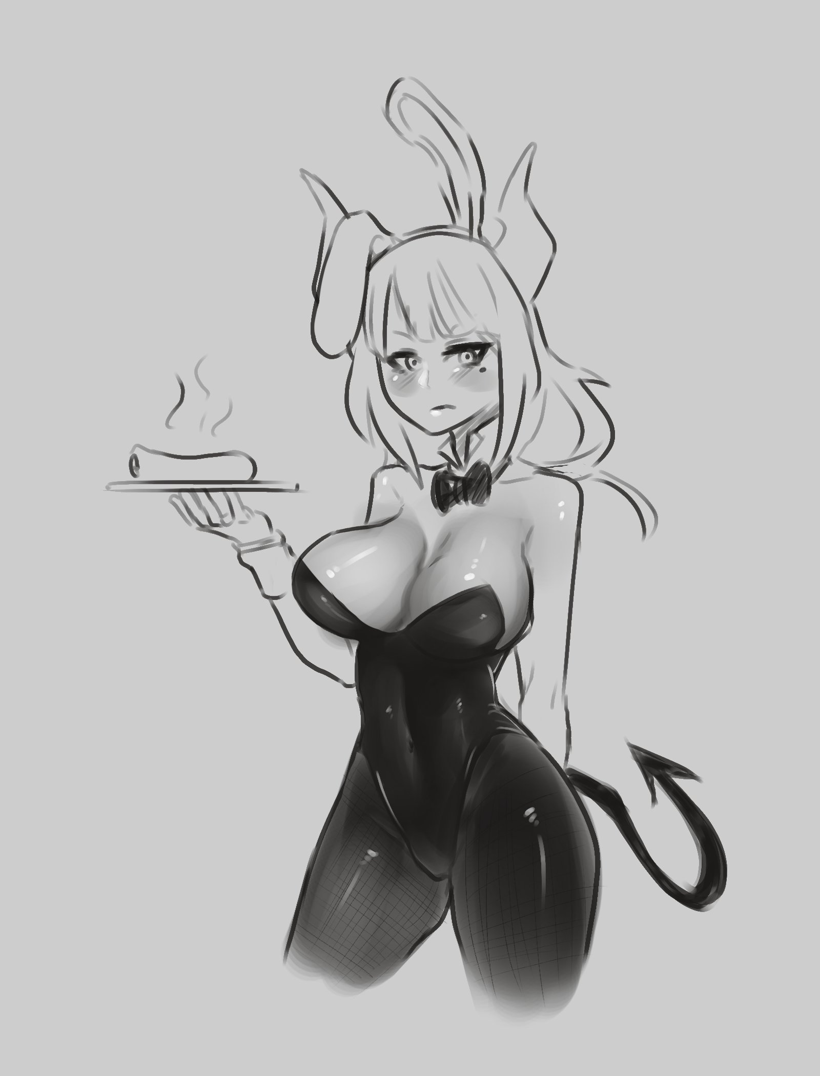 1girls, big breasts, blush, blushing, bow tie, bowtie, breasts, bunny costume, bunny ears, bunny girl, bunnysuit, busty, cagez, cleavage, clothing, curvy, demon, demon girl, demon horns, demon tail, detached collar, detached sleeves, embarrassed, eyelashes, fake animal ears, female, female only, food, fully clothed, greyscale, helltaker, highres, holding food, holding plate, horns, huge breasts, large breasts, long hair, lucifer (helltaker), mole, mole under eye, monochrome, monster, monster girl, navel, shiny clothes, shiny skin, sketch, solo, standing, tail, thick thighs, video game, video games, voluptuous, wide hips
