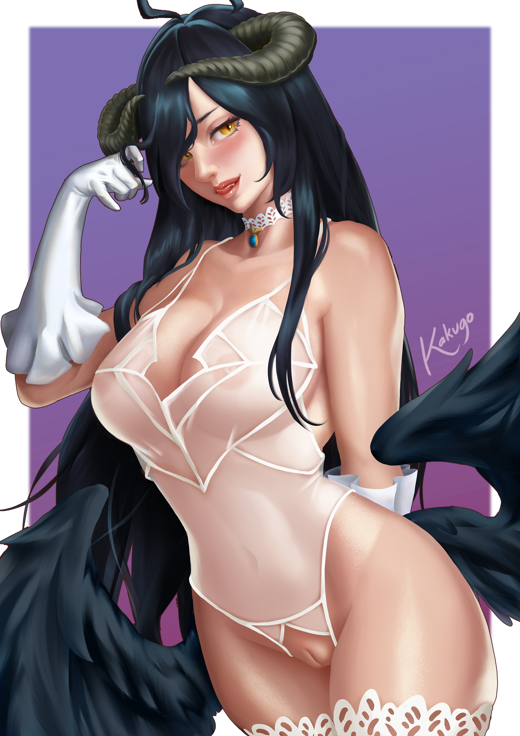 1girls, albedo (overlord), areola, big areola, big breasts, big nipples, blue hair, blush, breasts, cleavage, crotchless leotard, demon, demon girl, fat mons, female, hips, horns, kakugo, leotard, licking lips, light skin, light-skinned female, lingerie, long hair, looking at viewer, nipples, overlord (maruyama), pale skin, pale-skinned female, pose, pussy, revealing clothes, see-through, see-through clothing, slit pupils, solo, solo female, succubus, thighs, wings, yellow eyes