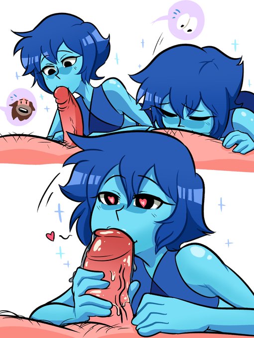 1boy, 1girls, blonde hair, blowjob, blue skin, cartoon network, deepthroat, fellatio, female, gem (species), greg universe, heart-shaped pupils, lapis lazuli (steven universe), male, mrbooshmaster, oral, steven universe