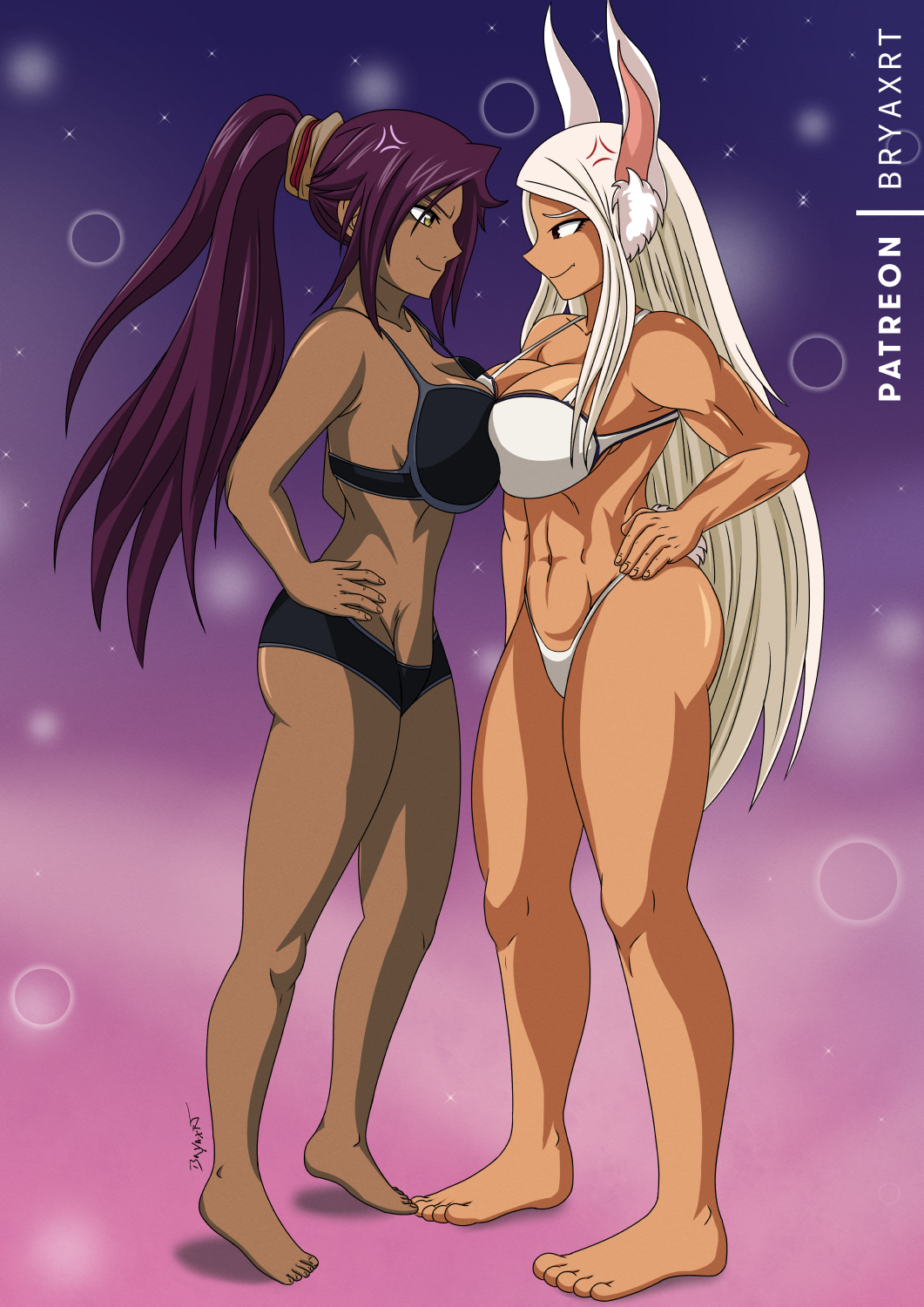 2girls barefoot bleach bra breasts bryaxrt bunny_ears bunny_tail cleavage crossover dark-skinned_female dark_skin miruko muscular muscular_female my_hero_academia panties purple_hair red_eyes rumi_usagiyama shihouin_yoruichi underwear white_hair yellow_eyes