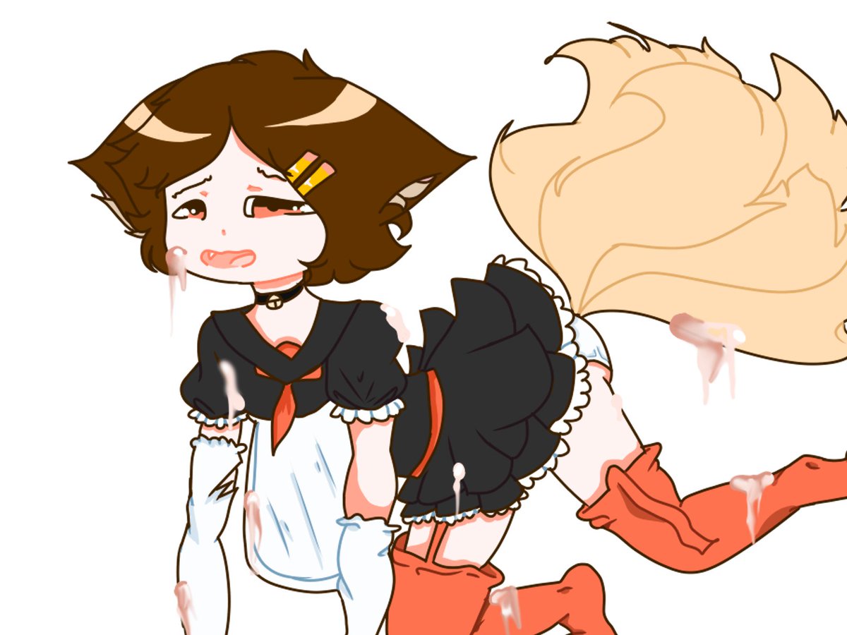 1boy apron bending_forward bending_over bent_over black_collar blonde_tail brown_eyes brown_hair collar cum detached_sleeves fangs femboy fluffy_tail gd_colon geometry_dash hair_ornament kitsune maid_apron maid_outfit maid_uniform male_only on_all_fours open_mouth orange_stockings simple_background stockings tagme underwear white_background white_underwear