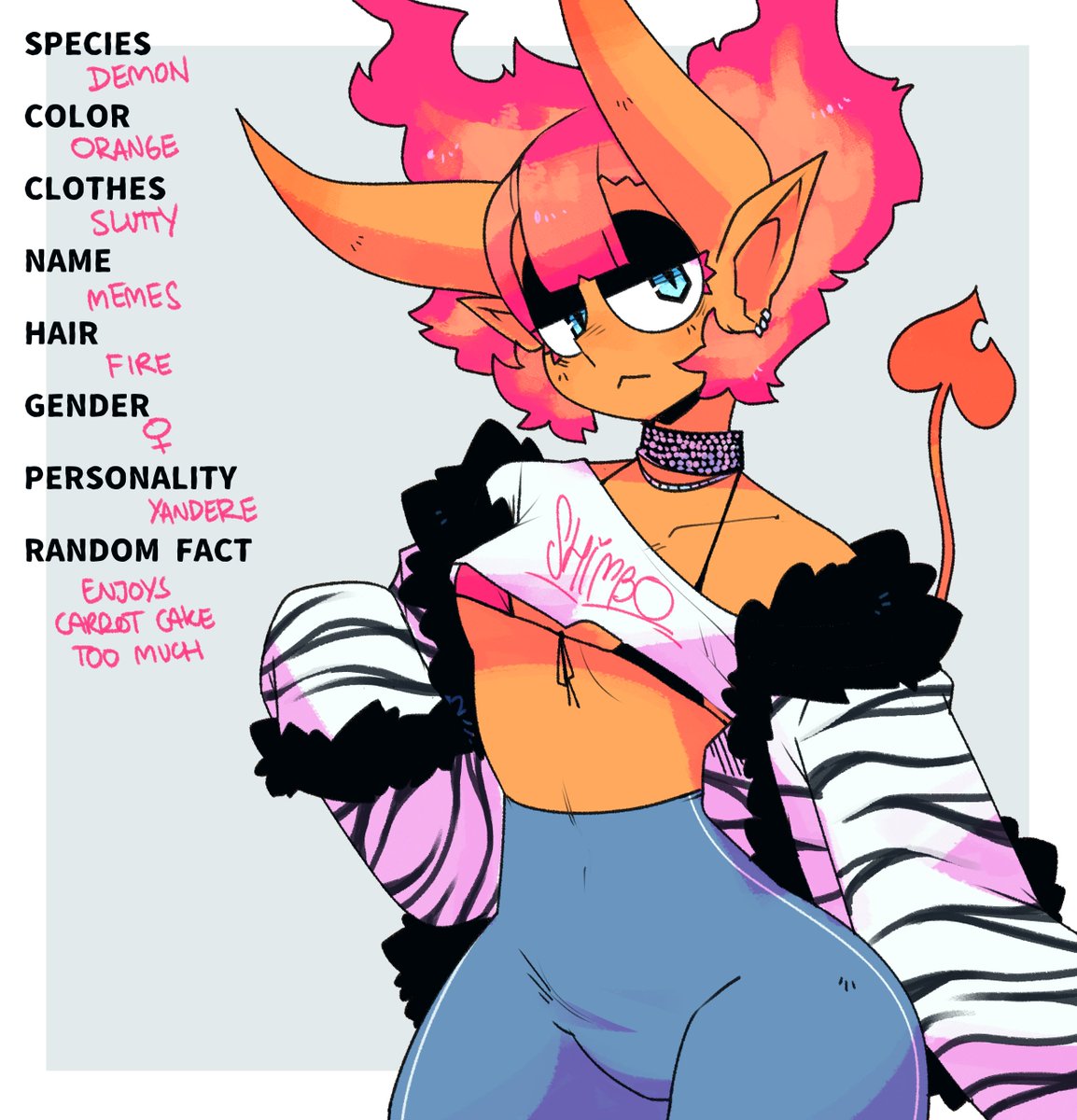 1girls, blue eyes, choker, demon, demon girl, demon horns, devil tail, ear piercing, female, female focus, female only, gats, horns, long sleeves, memes (gats), orange skin, pointy ears, solo, solo female, solo focus, streetwear, tight pants, yandere