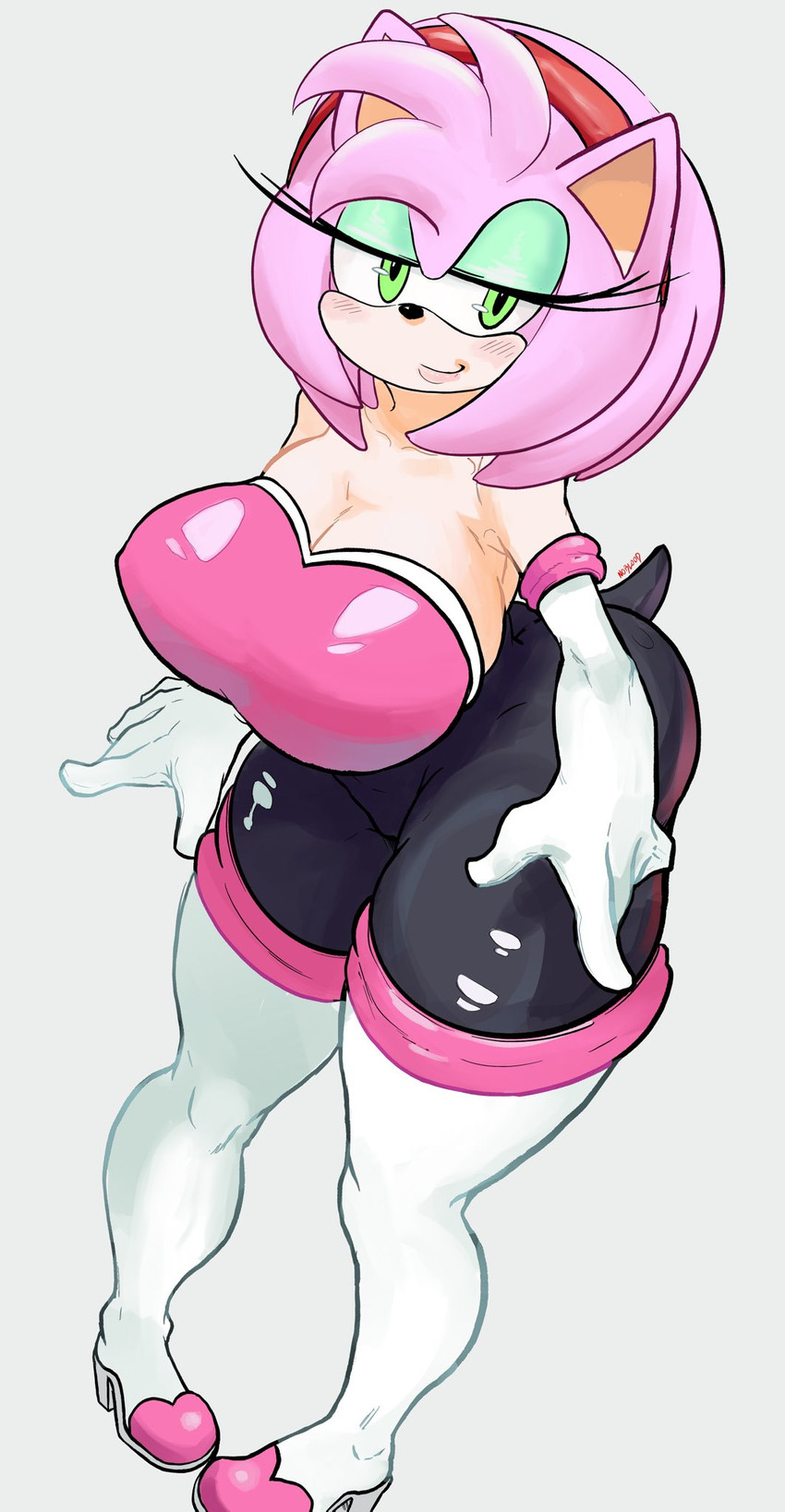 2020, alternate breast size, alternate costume, amy rose, amy the bat, anthro, breasts, cleavage, cosplay, elbow gloves, female, female focus, female only, gloves, green eyes, hedgehog, latex, noblood, pink fur, pink hair, rouge the bat (cosplay), sega, solo, sonic (series), sonic the hedgehog (series), voluptuous