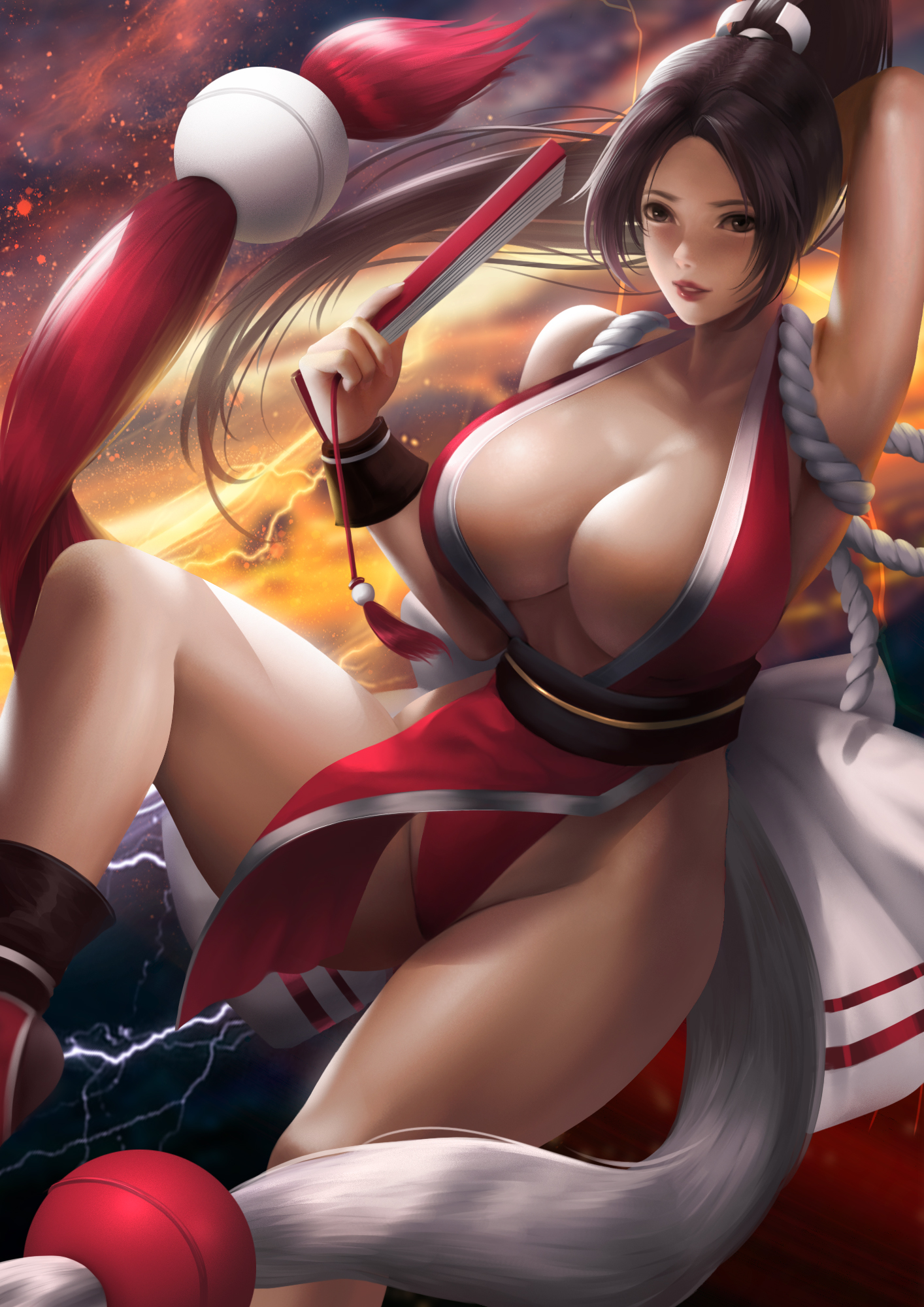 1girls, breasts, brown eyes, brown hair, cleavage, fatal fury, female, female only, king of fighters, kunoichi, large breasts, long hair, mai shiranui, mature female, ponytail, snk, solo, z:d