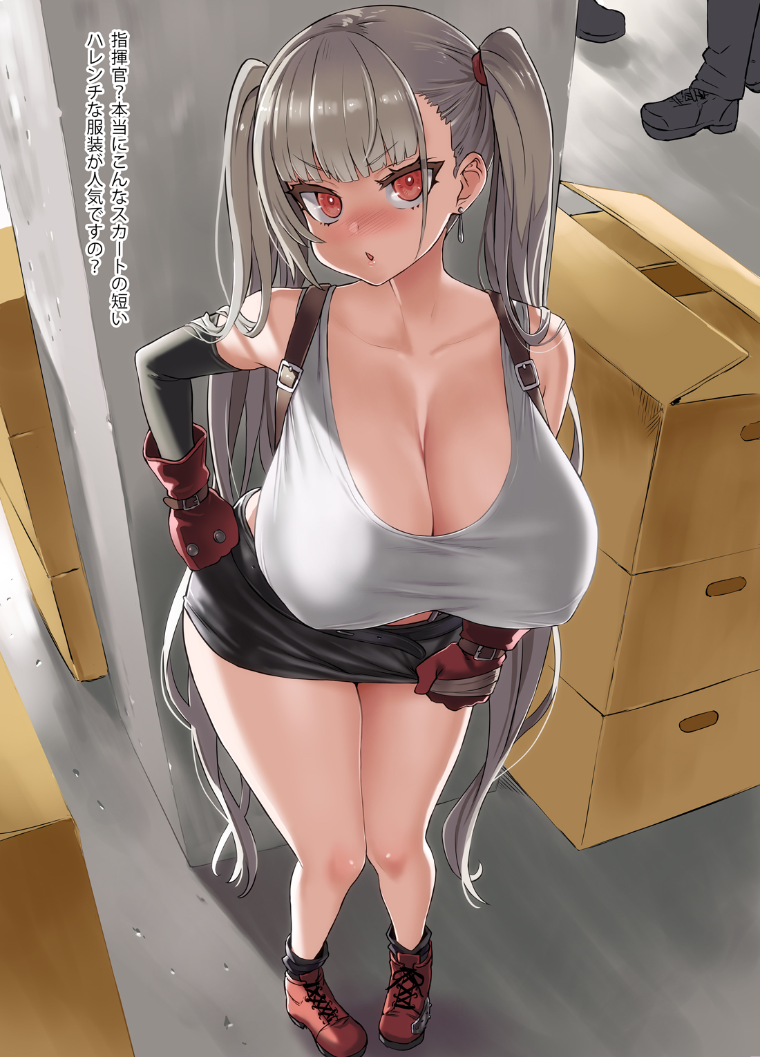 1girls, angry, asanagi, azur lane, big breasts, blush, breasts, cleavage, earrings, embarrassed, female, female only, final fantasy, formidable (azur lane), grey hair, huge breasts, looking at viewer, nipple bulge, open mouth, red eyes, shorts, solo, tank top, thick thighs, thighs, tifa lockhart (cosplay), twintails
