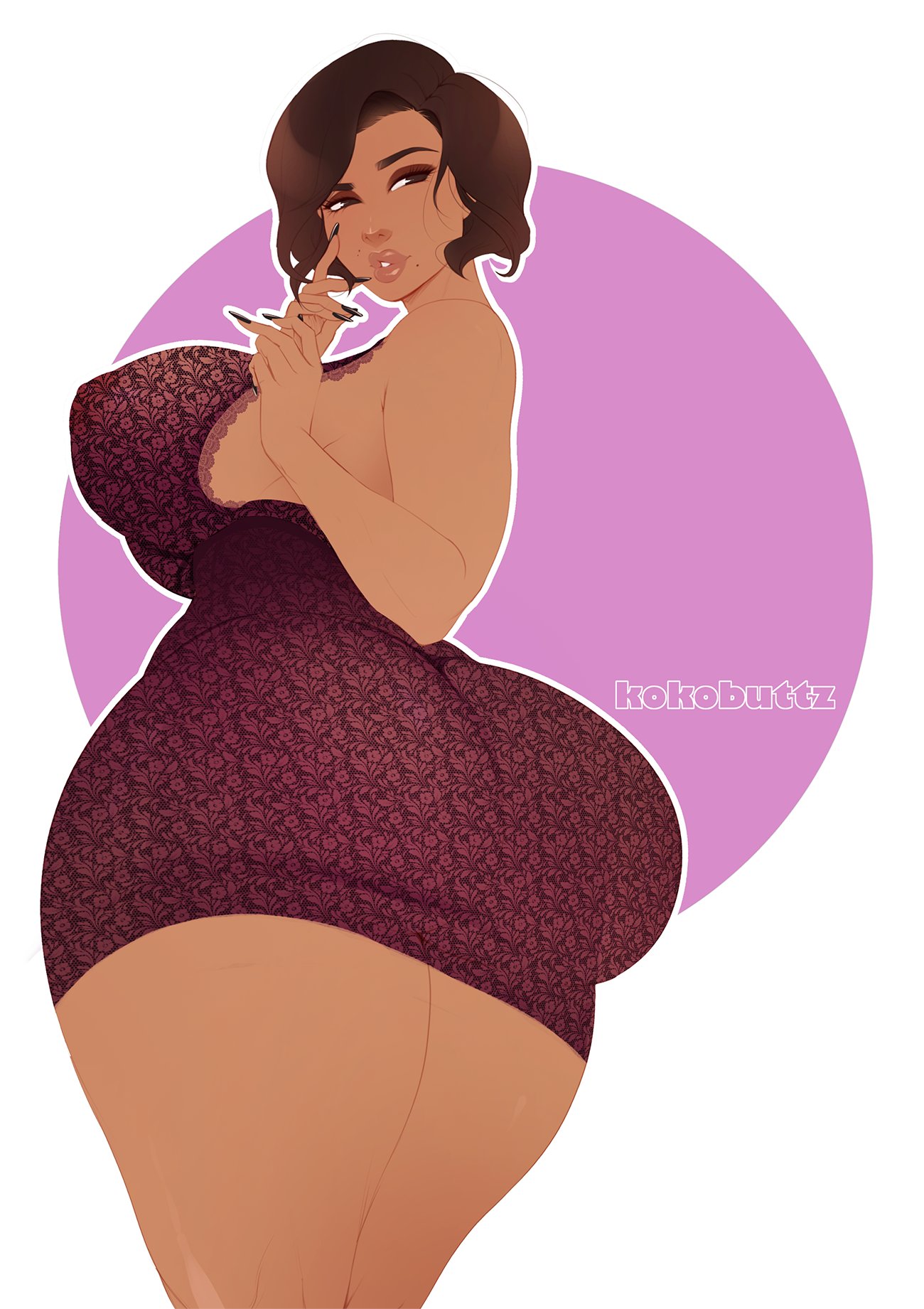 1girls, ass, big ass, big breasts, breasts, brown hair, dark skin, dark-skinned female, female, female only, hips, huge ass, kokobuttz, large breasts, short hair, solo, thick thighs, thighs, wide hips