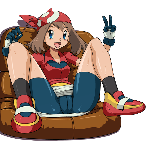 1girls :p bad_id bandana bike_shorts blue_eyes brown_hair cameltoe female food game_freak gloves human may_(pokemon) nintendo pocky pokemon pokemon_rse ryunryun shorts simple_background solo spread_legs upskirt v white_skirt