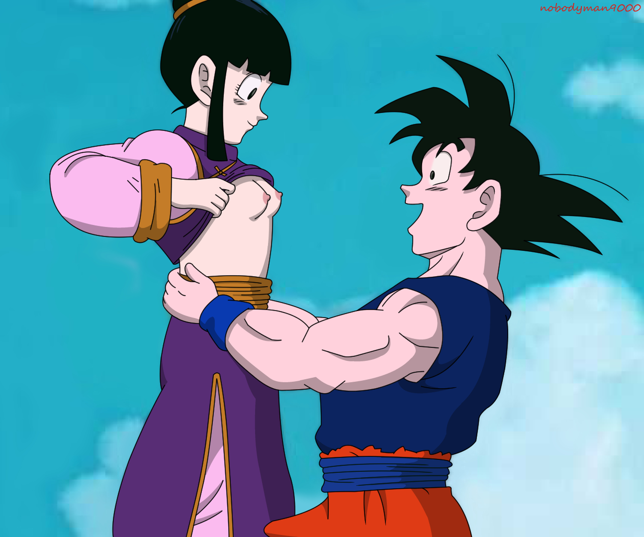 accurate art style, chichi, dragon ball, dragon ball z, edit, female, male, nobodyman9000, screenshot, screenshot edit, son goku
