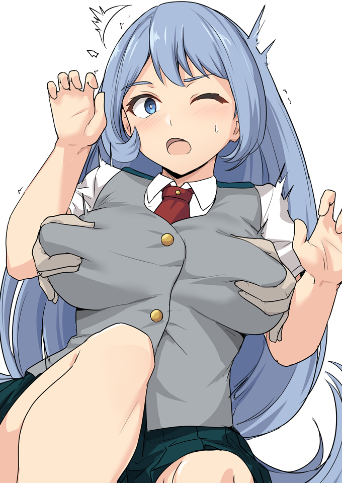 1girls, big breasts, blue eyes, blue hair, blue-haired female, breast grab, breasts, disembodied hands, female, female only, groping, hands on breasts, long hair, my hero academia, nejire hado, one eye closed, reach around, school uniform, schoolgirl, shiseki hirame, solo, surprised, u.a. school uniform