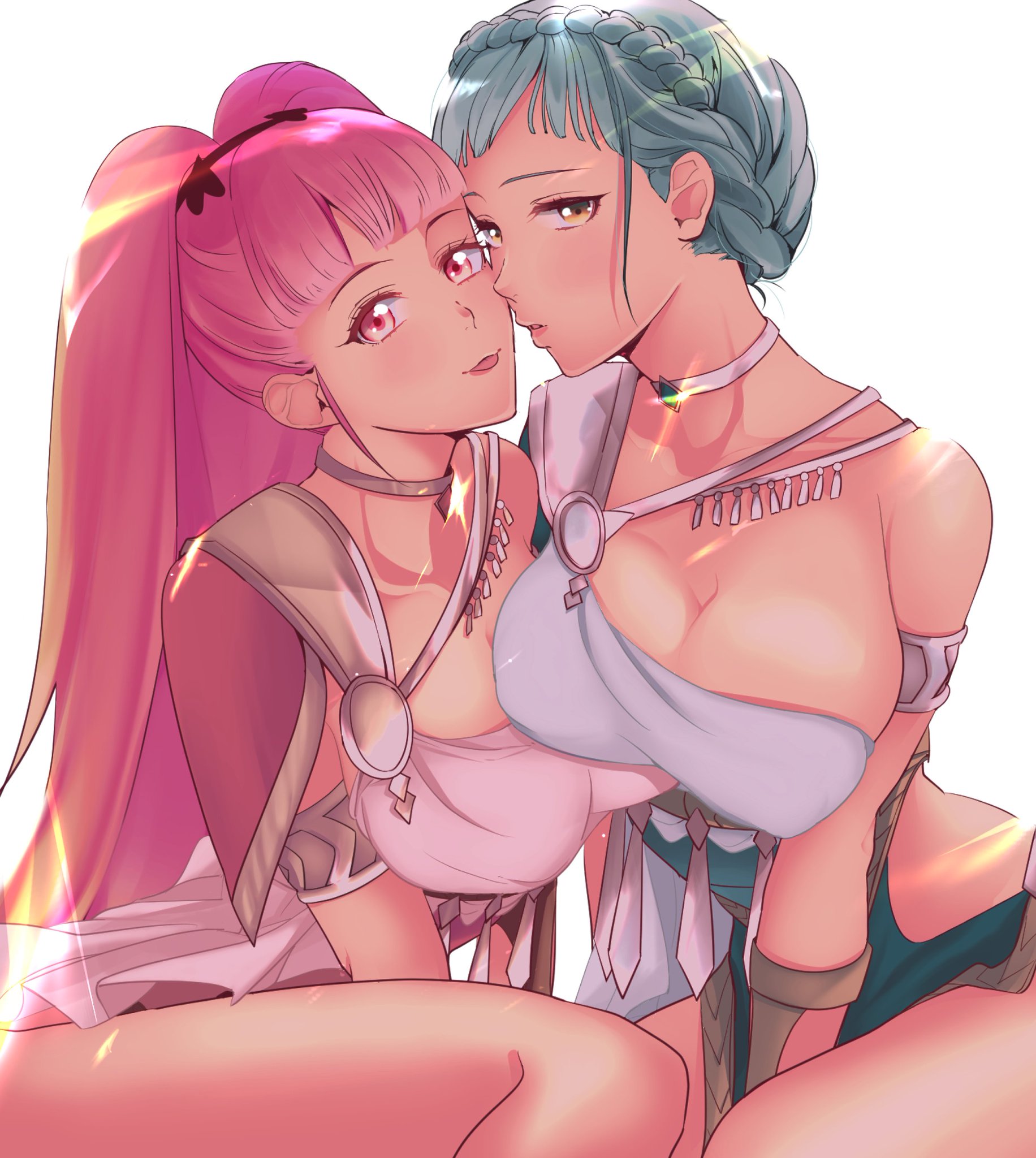 2girls, alternate costume, blue hair, breasts, cleavage, dancer, dancer (three houses), female, female only, fire emblem, fire emblem: three houses, harem outfit, hilda valentine goneril, huge breasts, marianne von edmund, multiple females, multiple girls, naughty face, nintendo, seductive, seductive smile, smile, sou mei, source request