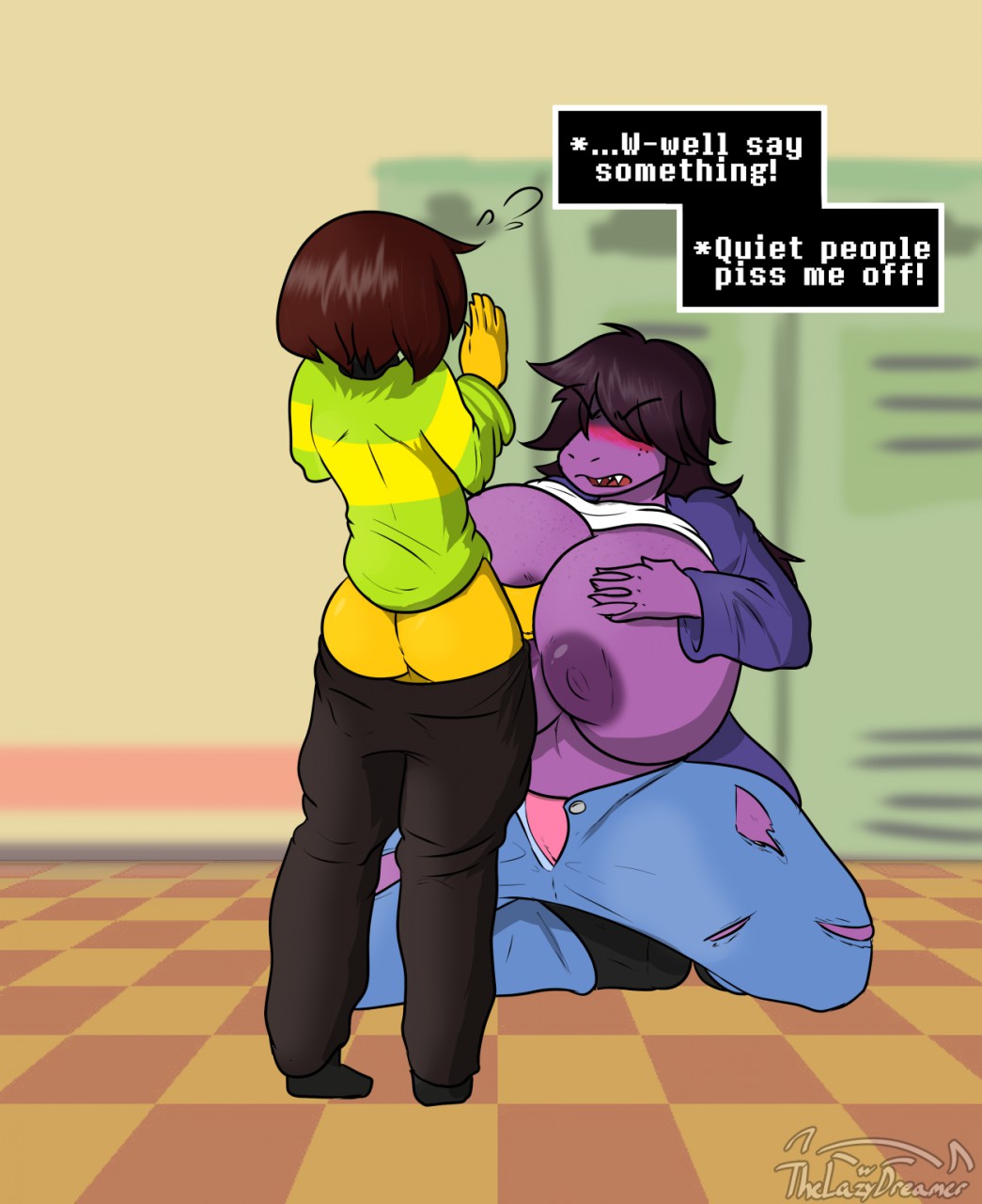 big breasts, big penis, breasts, deltarune, dialogue, exposed breasts, female, kris (deltarune), kris male (deltarune), male, paizuri, partially clothed, penis, straight, susie (deltarune), tagme, thelazydreamer, undertale (series)