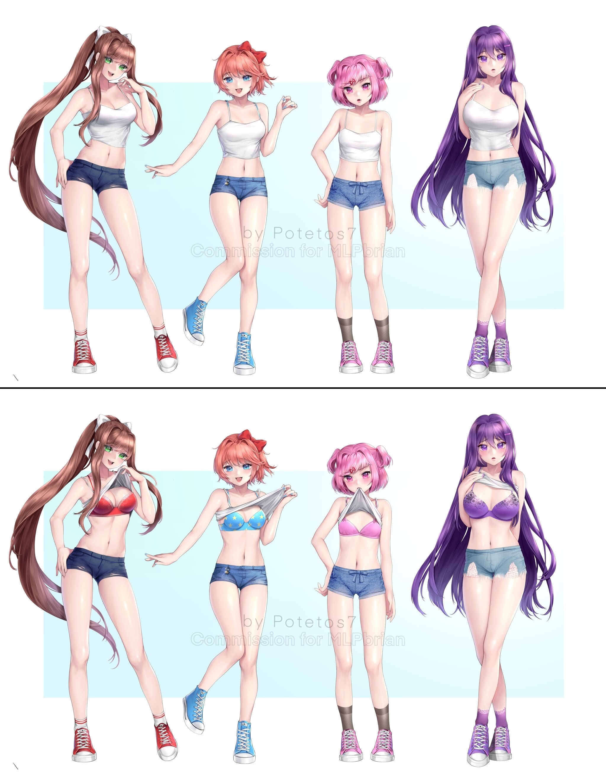 4girls, artist name, big breasts, black socks, blue bra, blue eyes, blue nails, blue shoes, blue shorts, blush, blushing, bra, breasts, brown hair, busty, cleavage, clothing, comic, converse, crop top, curvy, denim shorts, doki doki literature club, edit, edited, eyebrows visible through hair, eyelashes, female, female only, fingernails, flat chest, flat chested, fully clothed, green eyes, group, hair bow, hair pin, hair ribbon, hairbow, hairpin, highres, huge breasts, large breasts, legs together, lifted by self, lips, long hair, looking at viewer, medium breasts, monika (doki doki literature club), mouth hold, multiple females, multiple girls, nail polish, natsuki (doki doki literature club), navel, open mouth, petite, pink bra, pink eyes, pink hair, pink shoes, ponytail, potetos7, presenting, presenting breasts, purple bra, purple eyes, purple hair, purple nails, purple shoes, purple socks, red bow, red bra, red ribbon, red shoes, sayori (doki doki literature club), shiny hair, shiny skin, shirt, shirt lift, shoes, short hair, short ponytail, shorts, sidelocks, small breasts, smile, smiling, socks, standing, take your pick, tank top, tank top lift, teeth, thick thighs, third-party edit, tongue, top lift, twintails, underwear, voluptuous, watermark, white background, white bow, white ribbon, white socks, white tank top, white top, wide hips, yuri (doki doki literature club)
